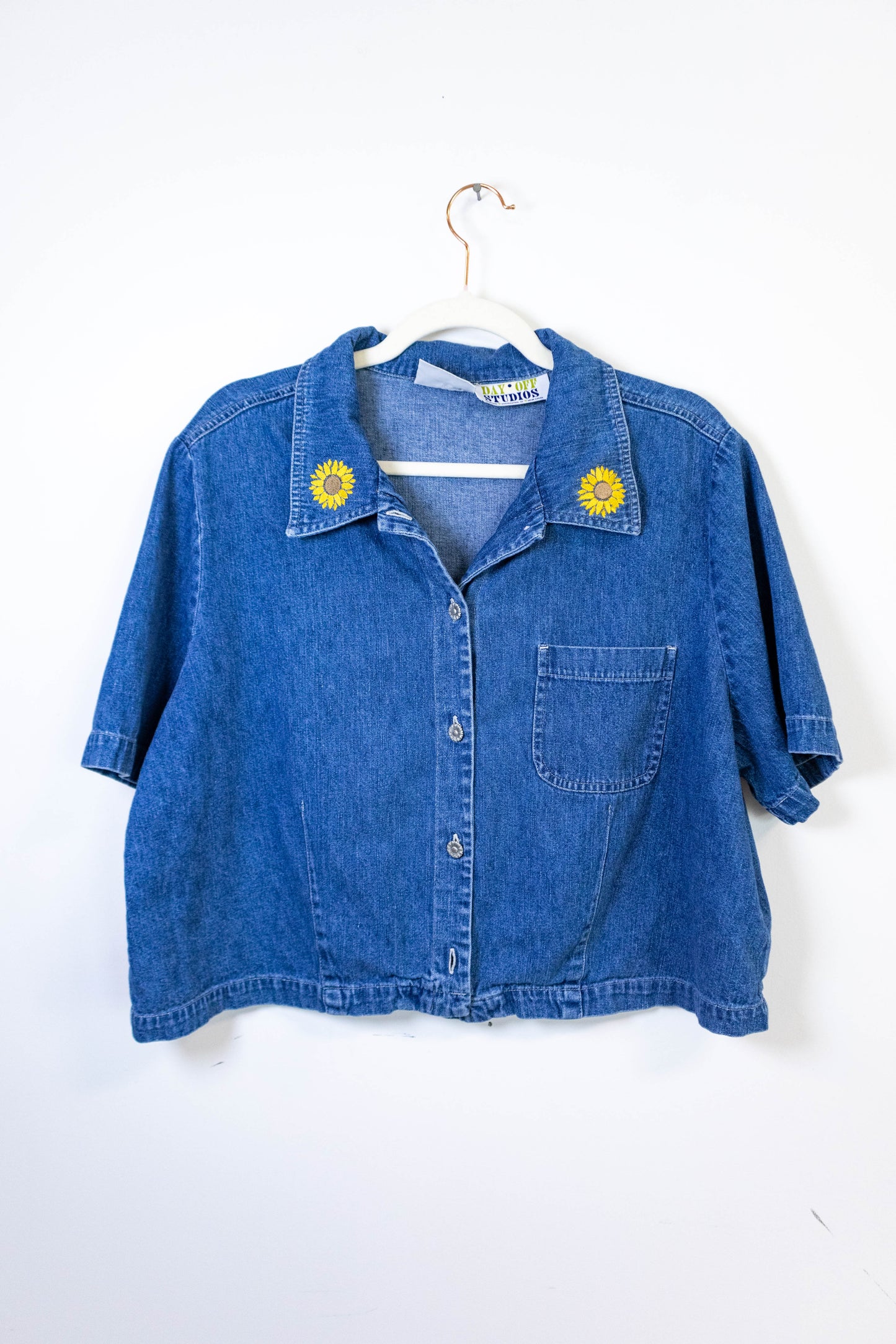 Upcycled Denim Button Down with Sunflower Embroidery