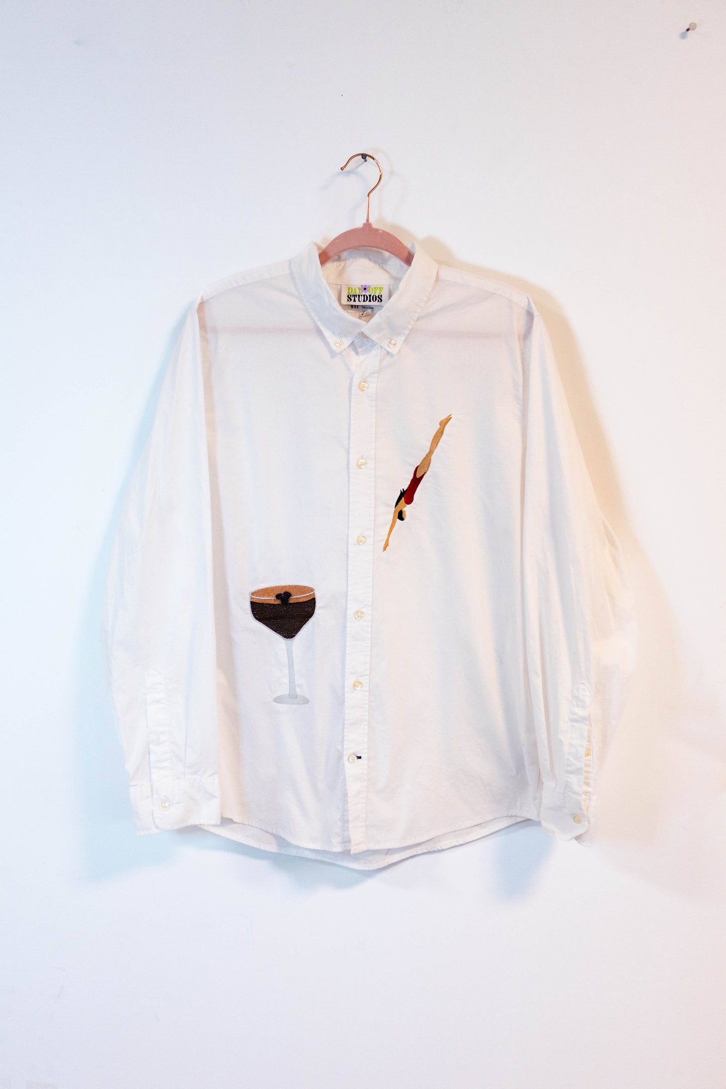 Upcycled Button-Down Shirt – Espresso Martini Diver Embroidery