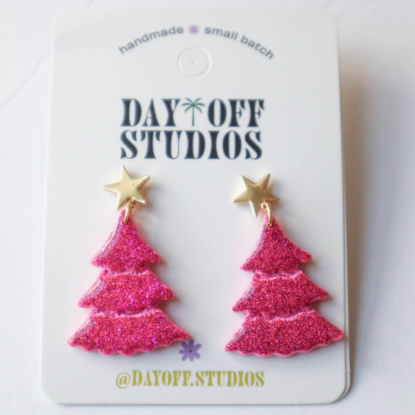 Sparkly Pink Christmas Tree Earrings -- Gold Star Post