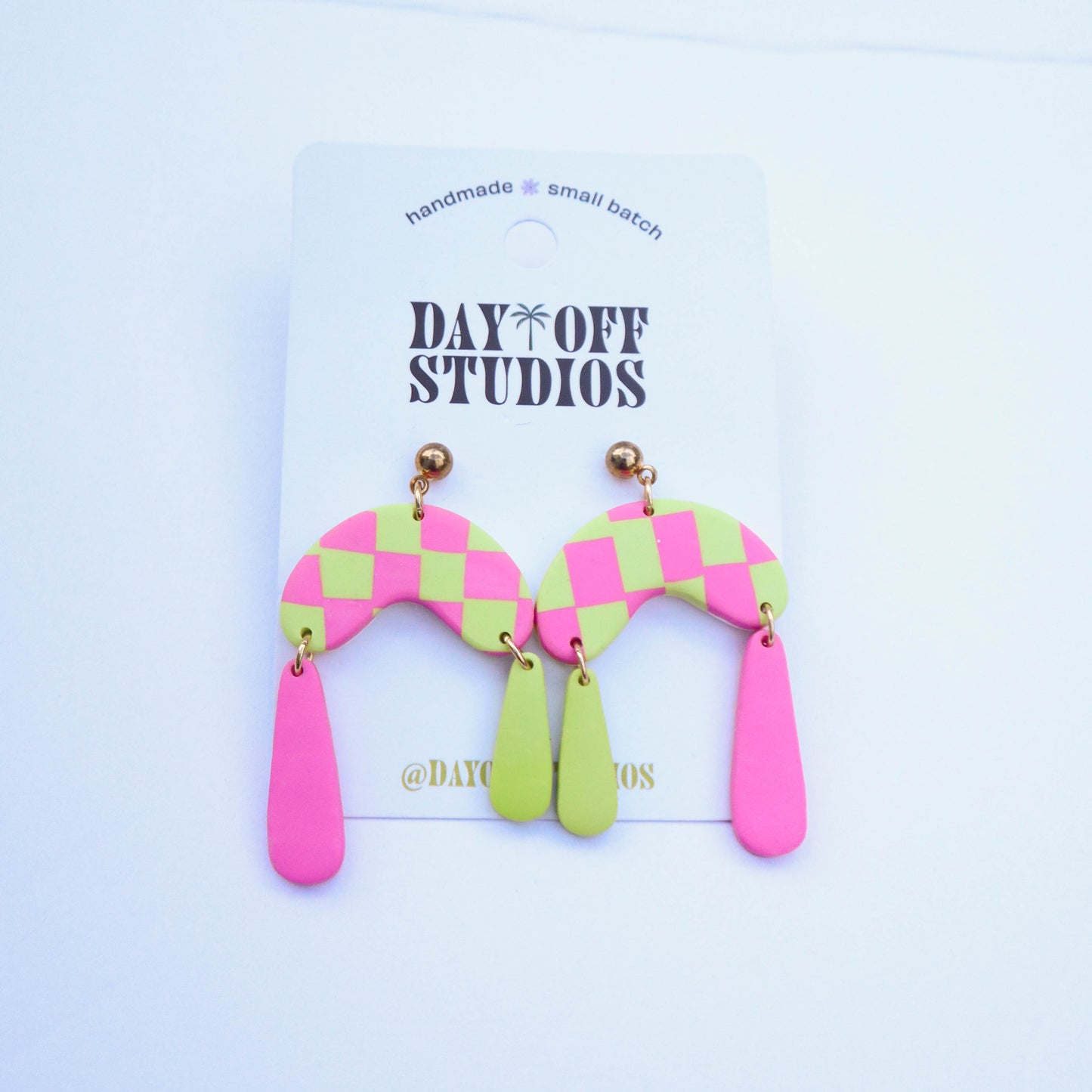 Pink & Chartreuse Checkered Earrings