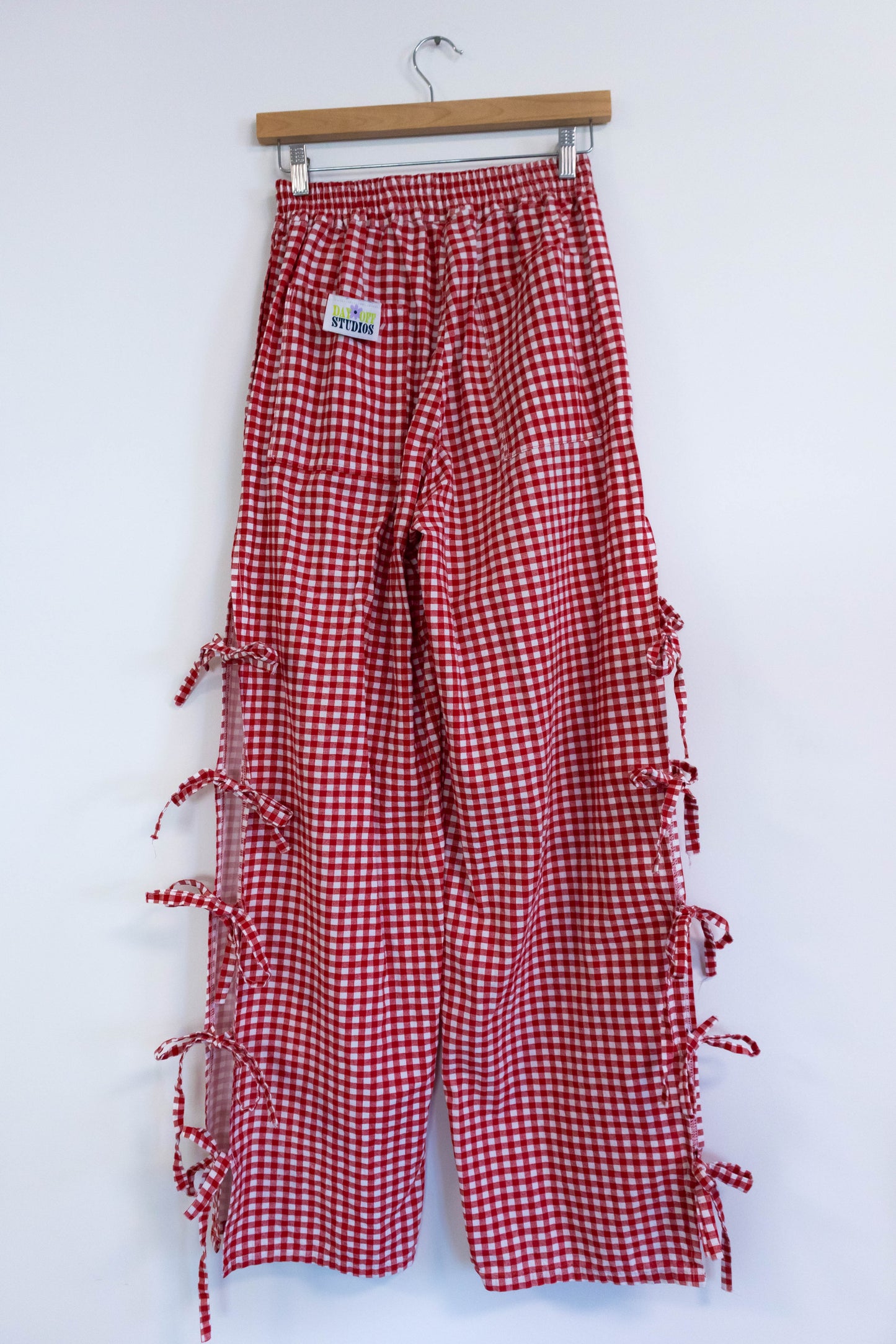 Red Gingham Side-Tie Wide-Leg Pants