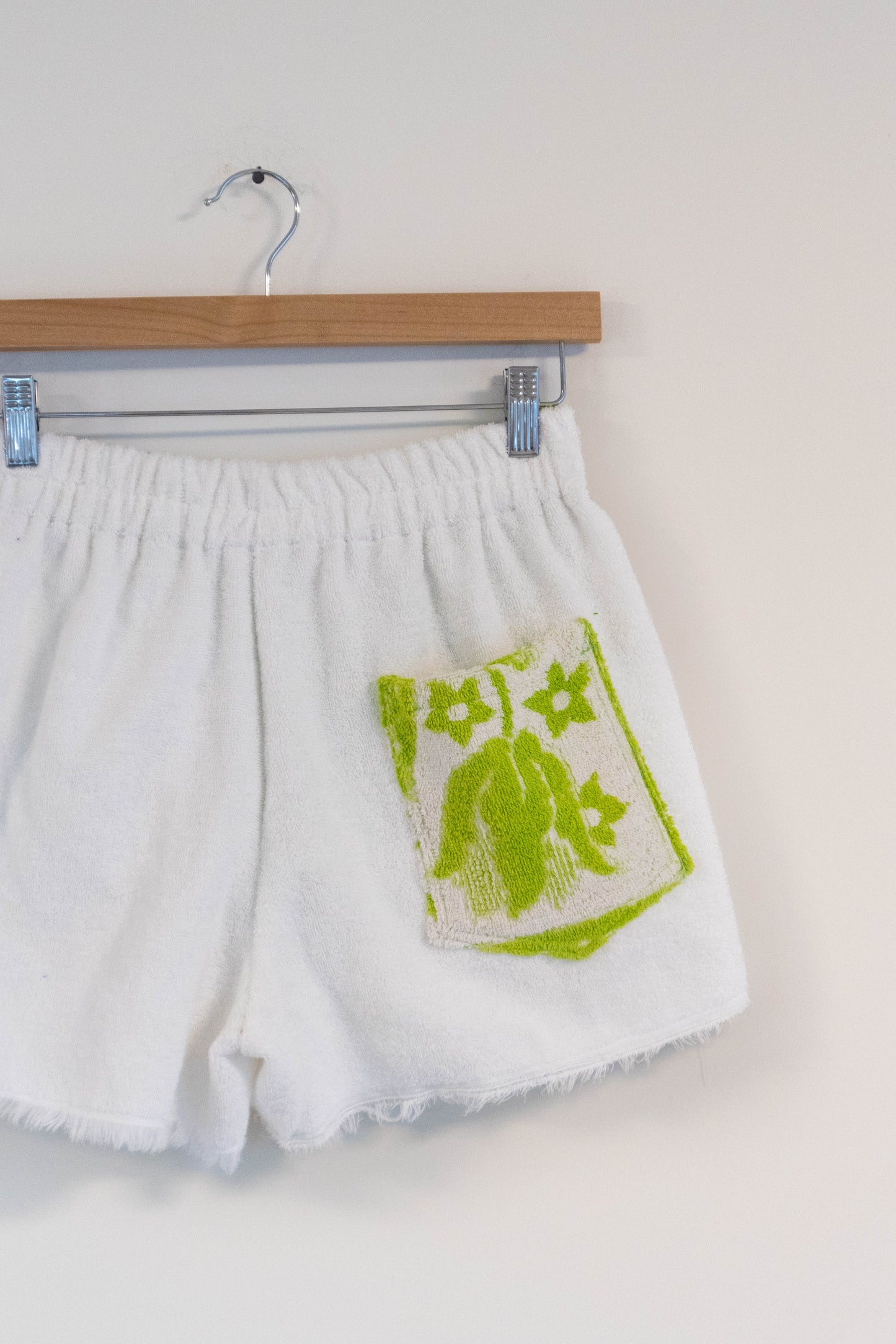 Vintage Floral & White Towel Shorts – Green & White