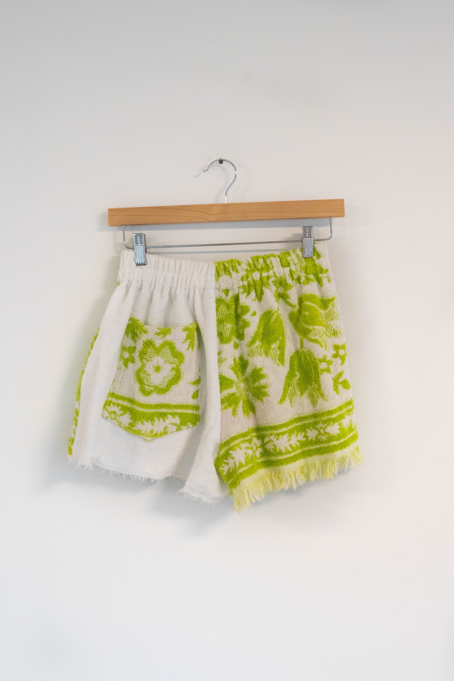 Vintage Floral Fringe Towel Shorts – Green & White