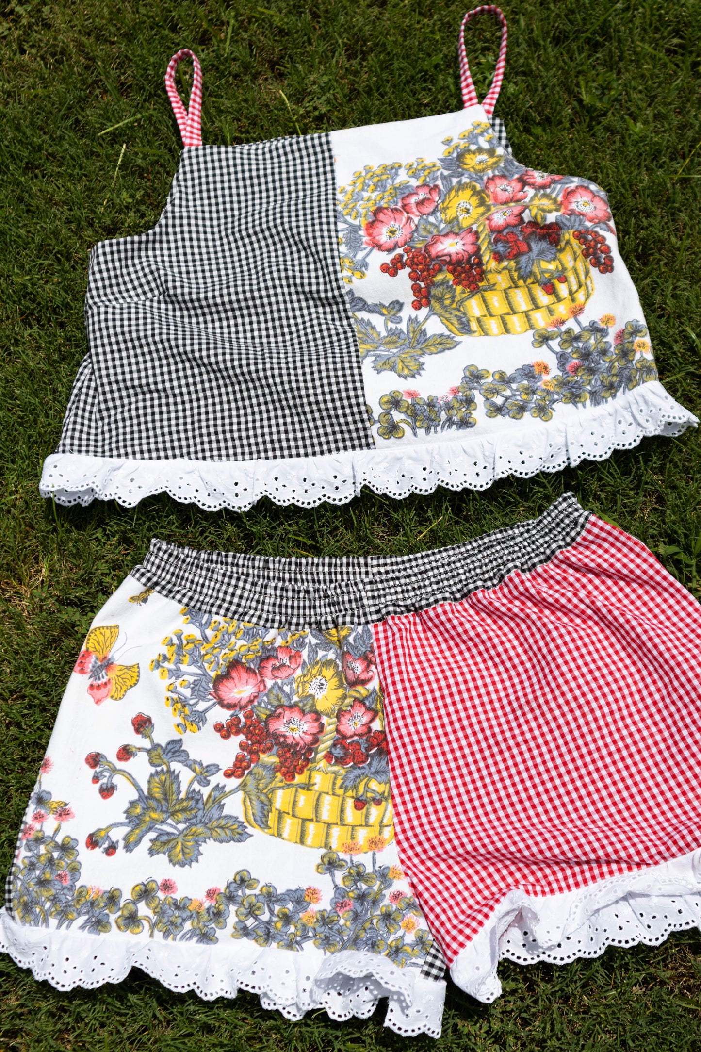 Picnic in the Park Matching Set - Upcycled Gingham & Vintage Tea Towel