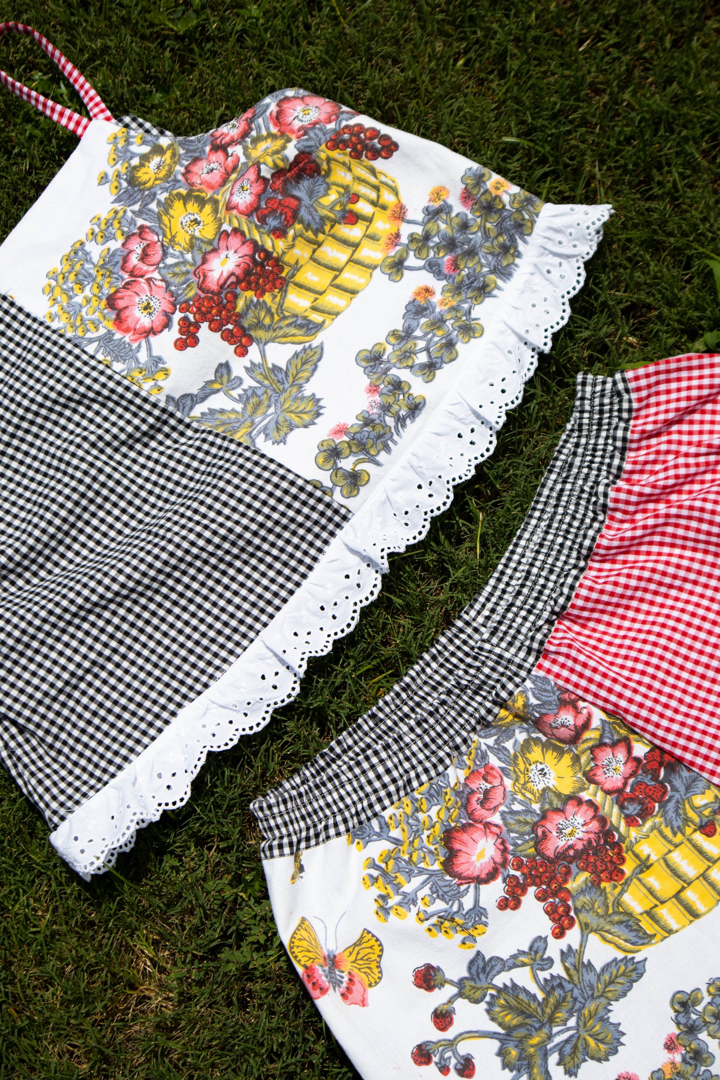Picnic in the Park Matching Set - Upcycled Gingham & Vintage Tea Towel