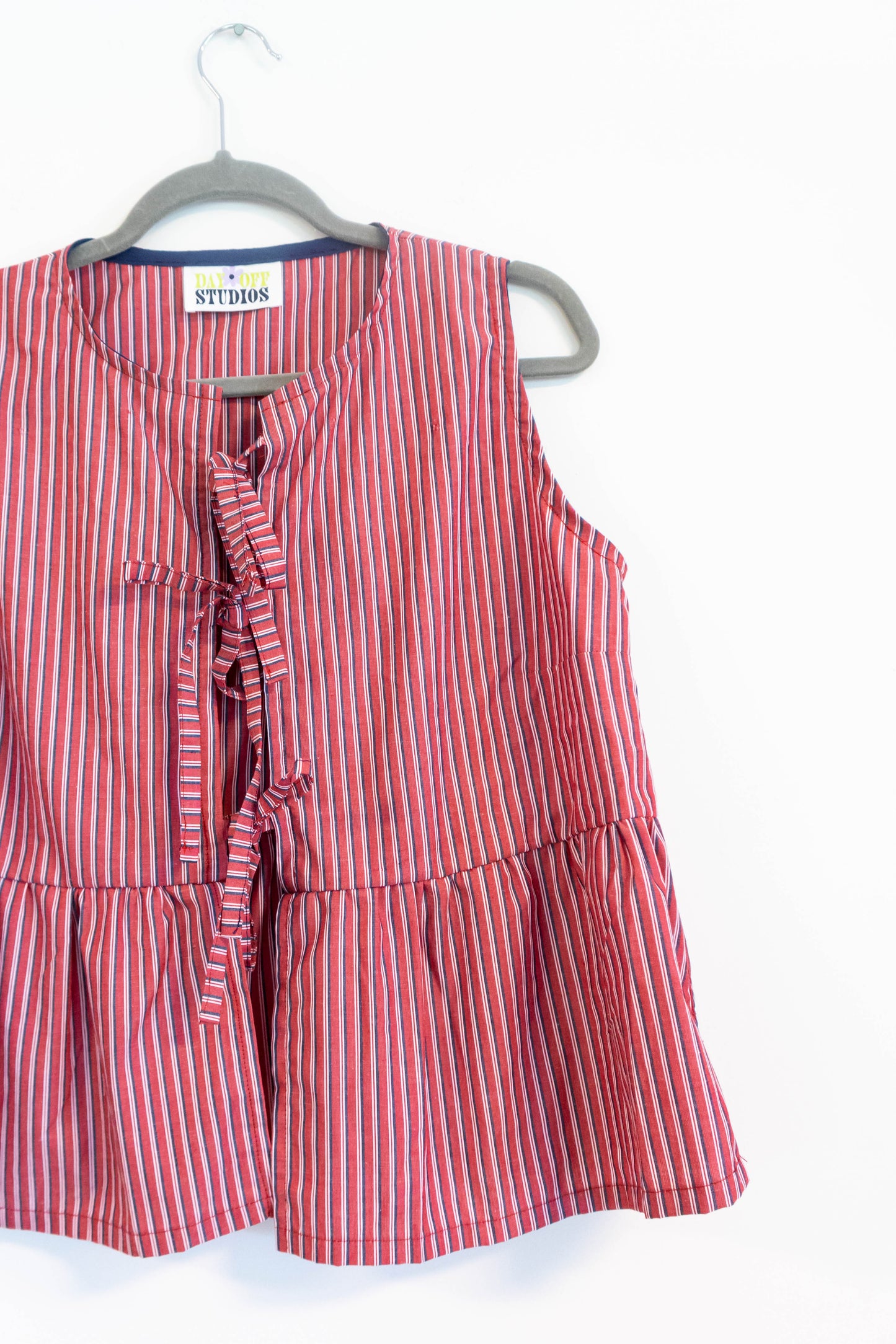 Upycled Red & White Striped Ruffle Top