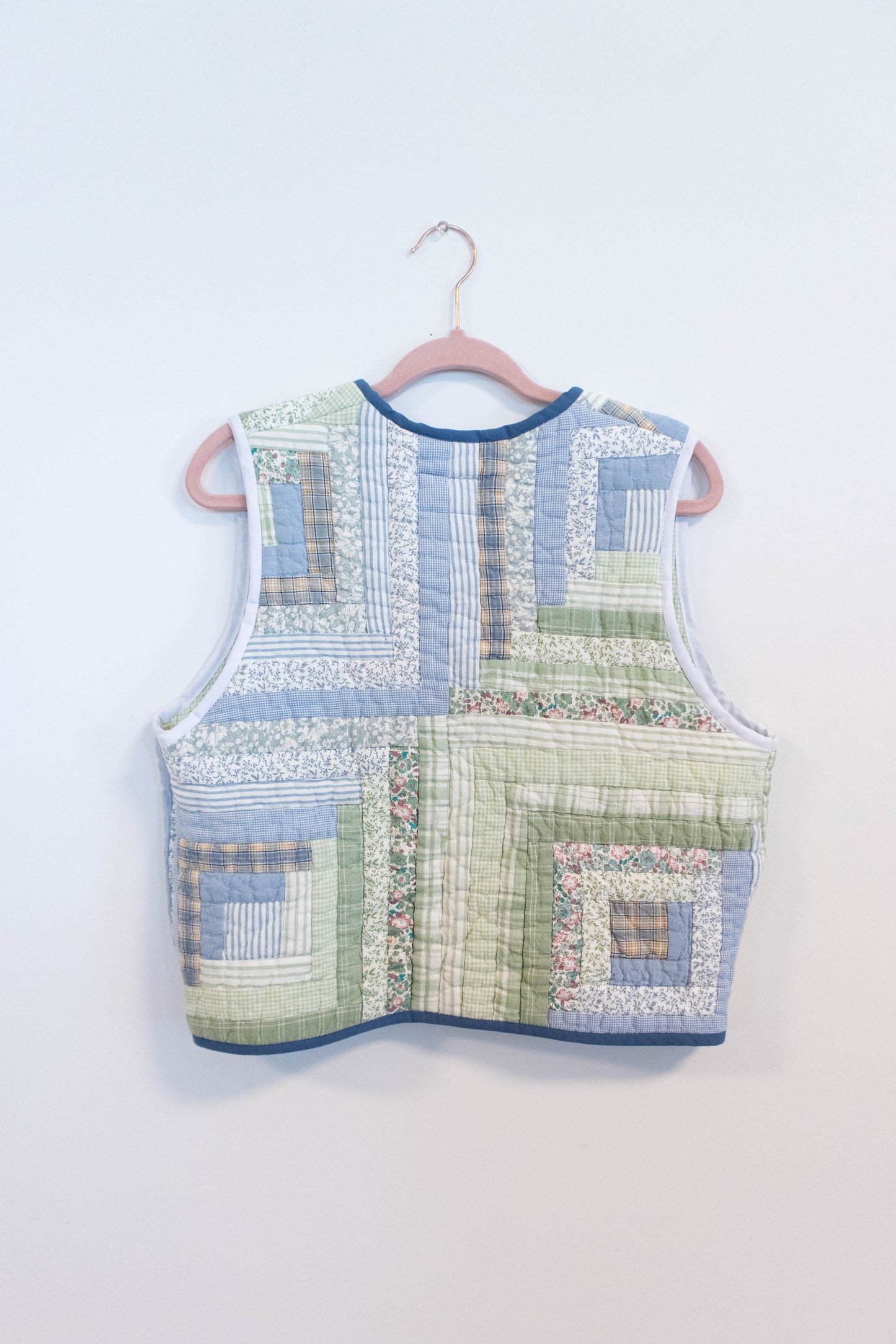 Upcycled Log Cabin Quilt Vest – Blue + Green