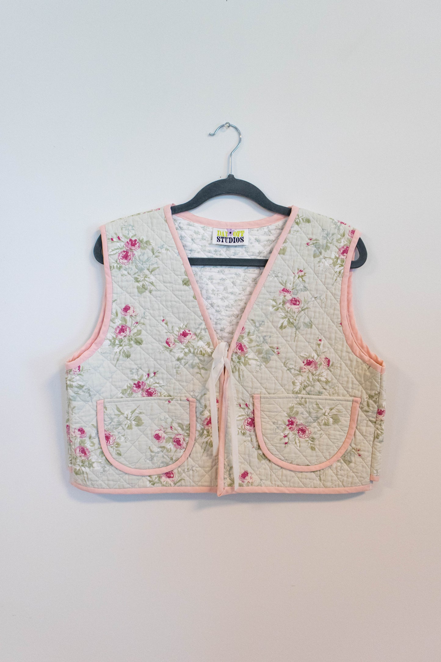 Upcyled Quilt Vest - Sage & Pink Flowers