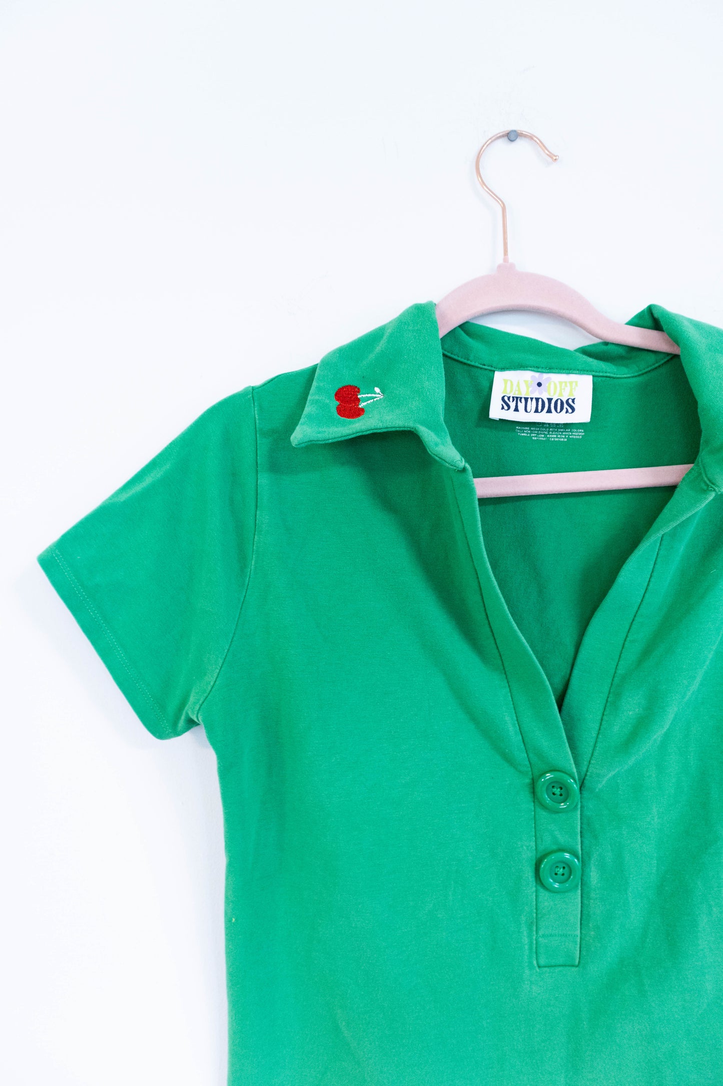 Green Collared Polo Top with Cherry Embroidery