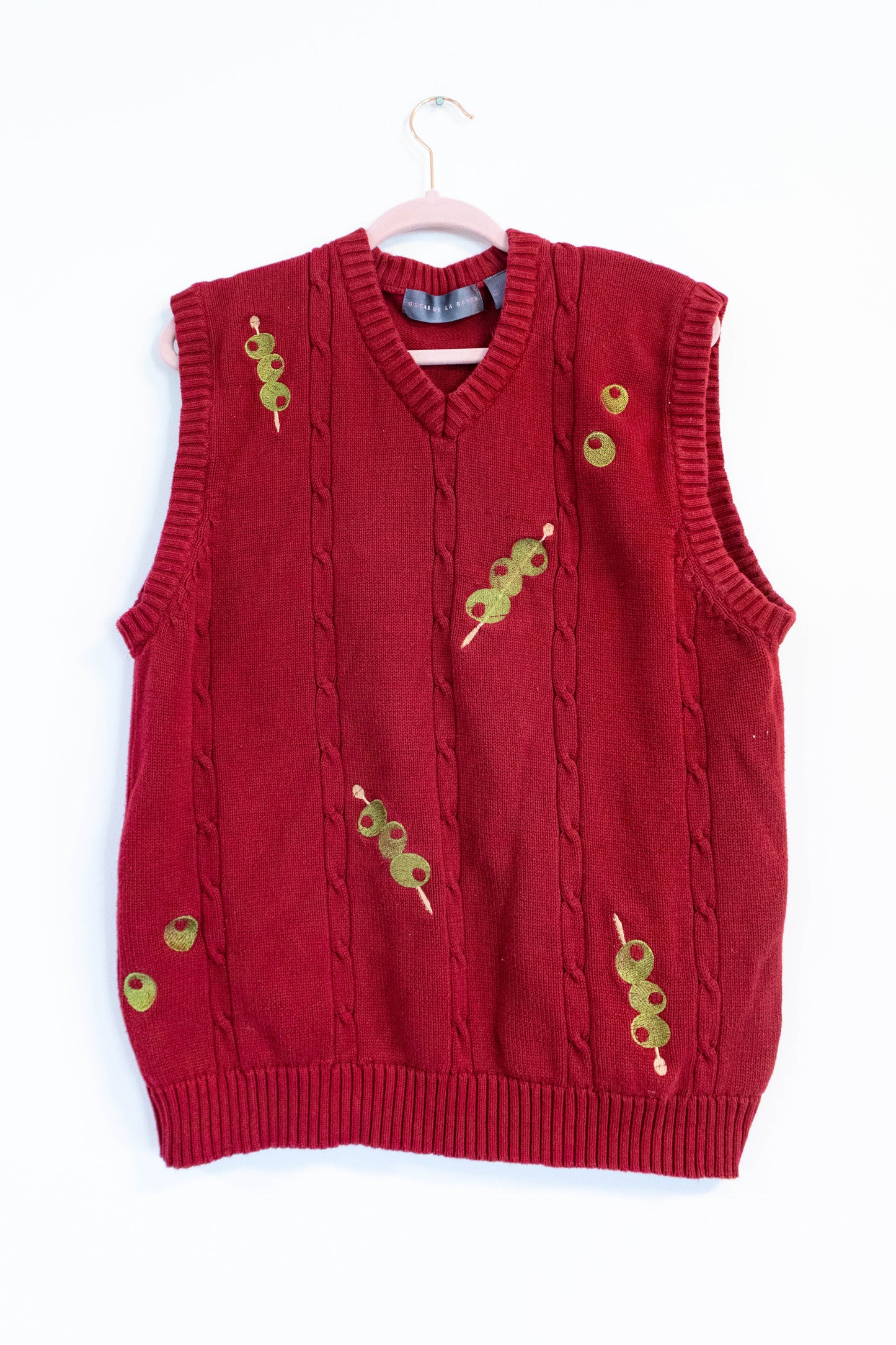 Olive Embroidery Upcycled Oscar De La Renta Sweater Vest -XL