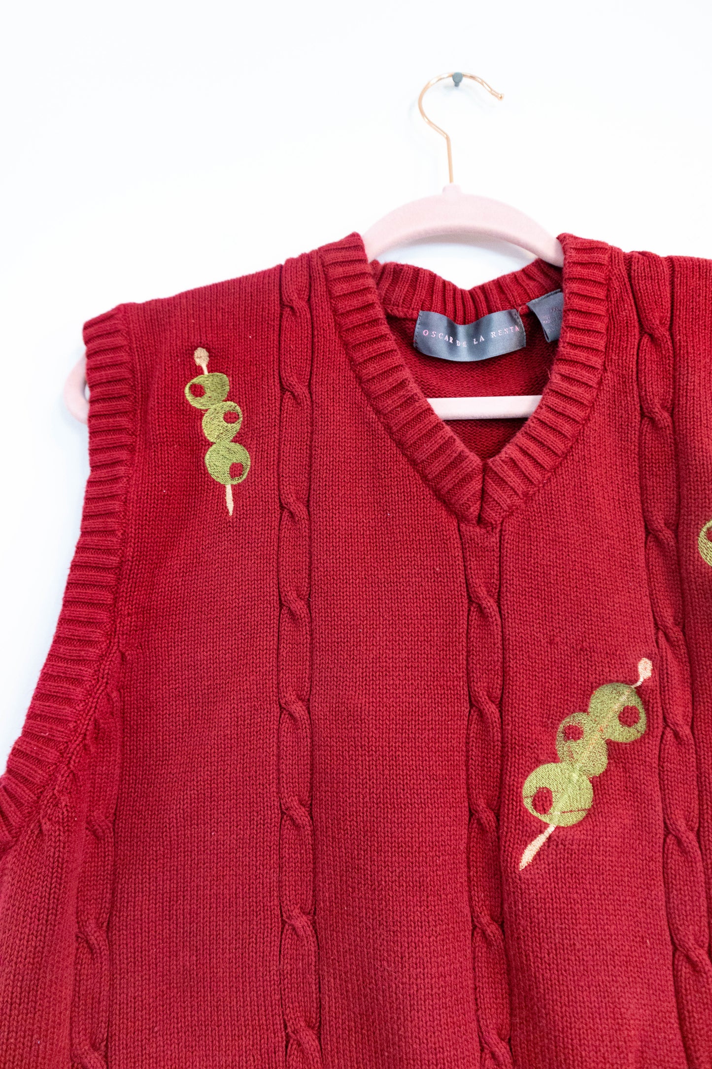 Olive Embroidery Upcycled Oscar De La Renta Sweater Vest -XL