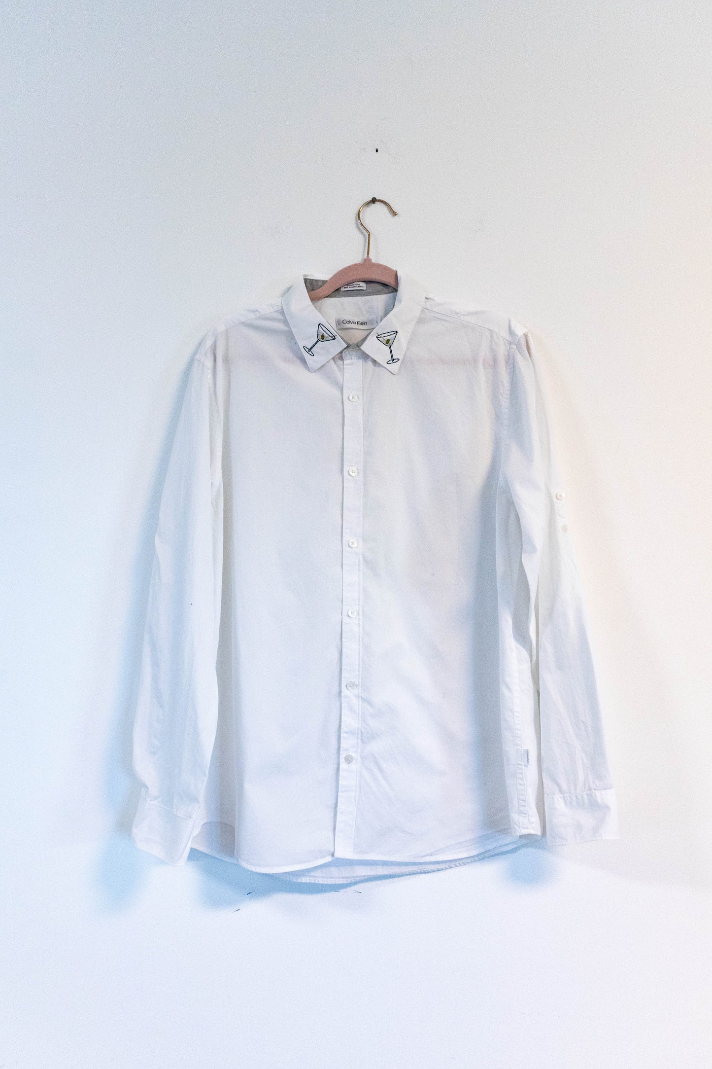 Upcycled White Calvin Klein Button-Down – Martini Collar Embroidery