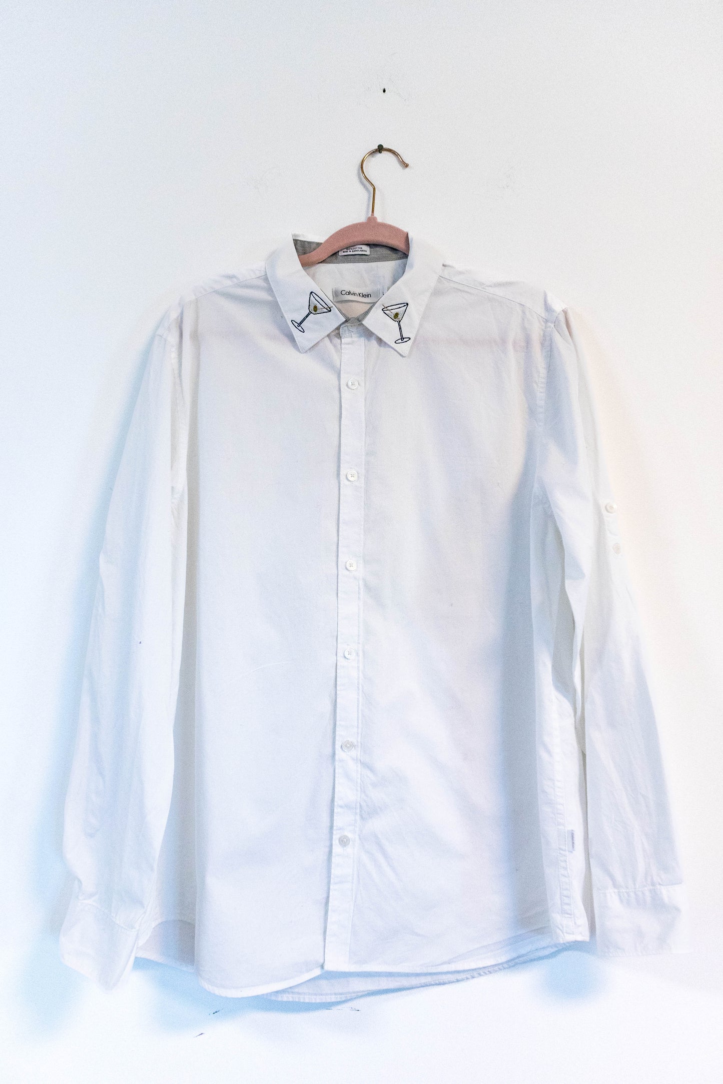 Upcycled White Calvin Klein Button-Down – Martini Collar Embroidery