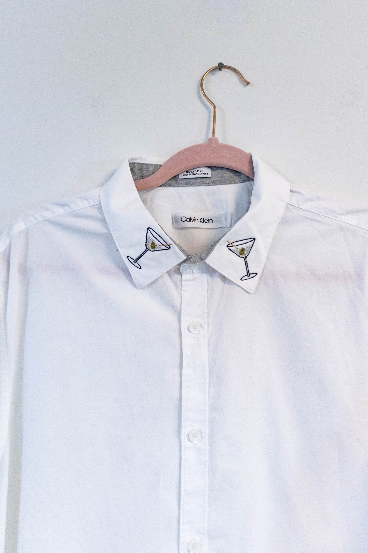 Upcycled White Calvin Klein Button-Down – Martini Collar Embroidery