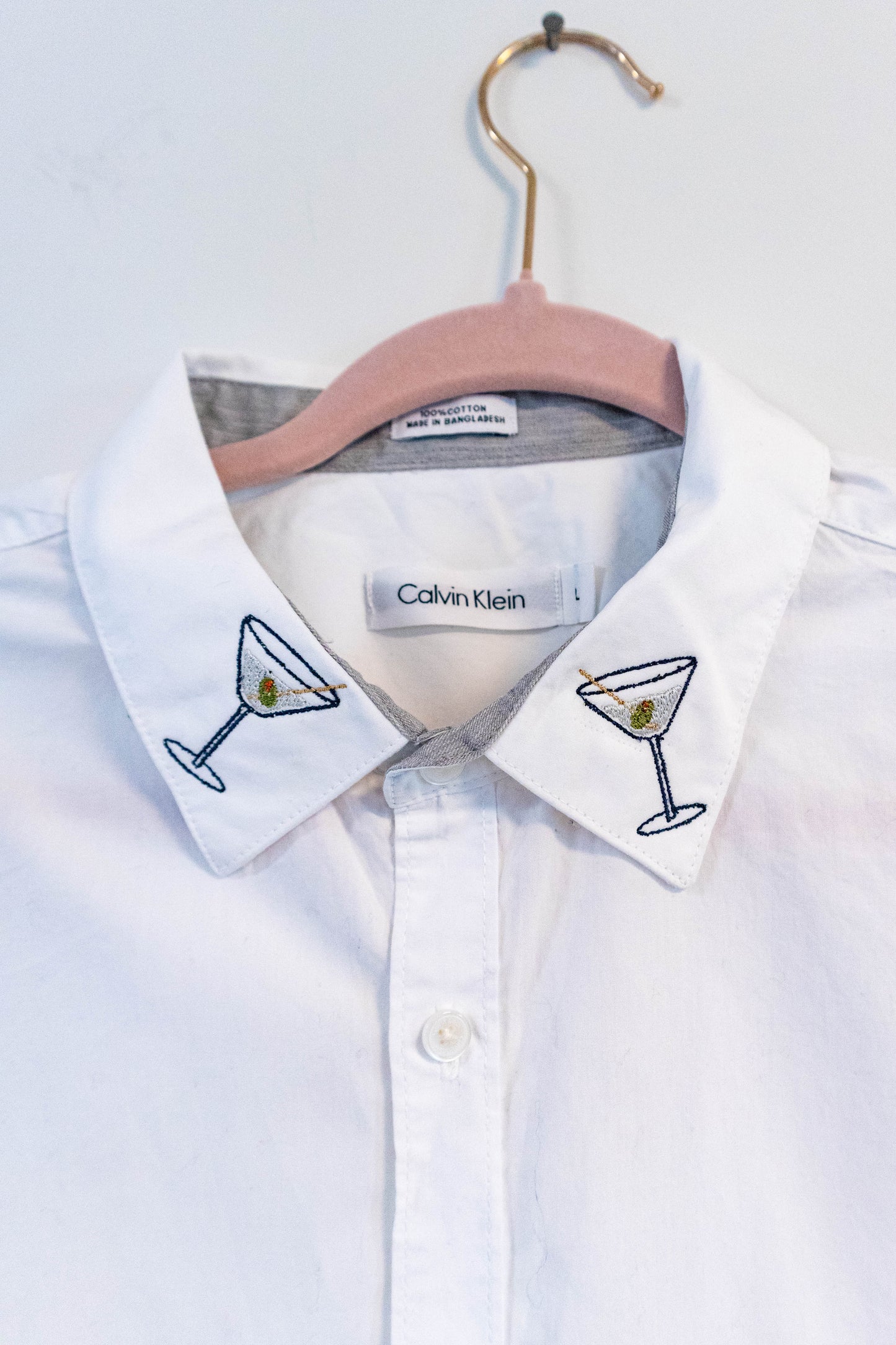 Upcycled White Calvin Klein Button-Down – Martini Collar Embroidery