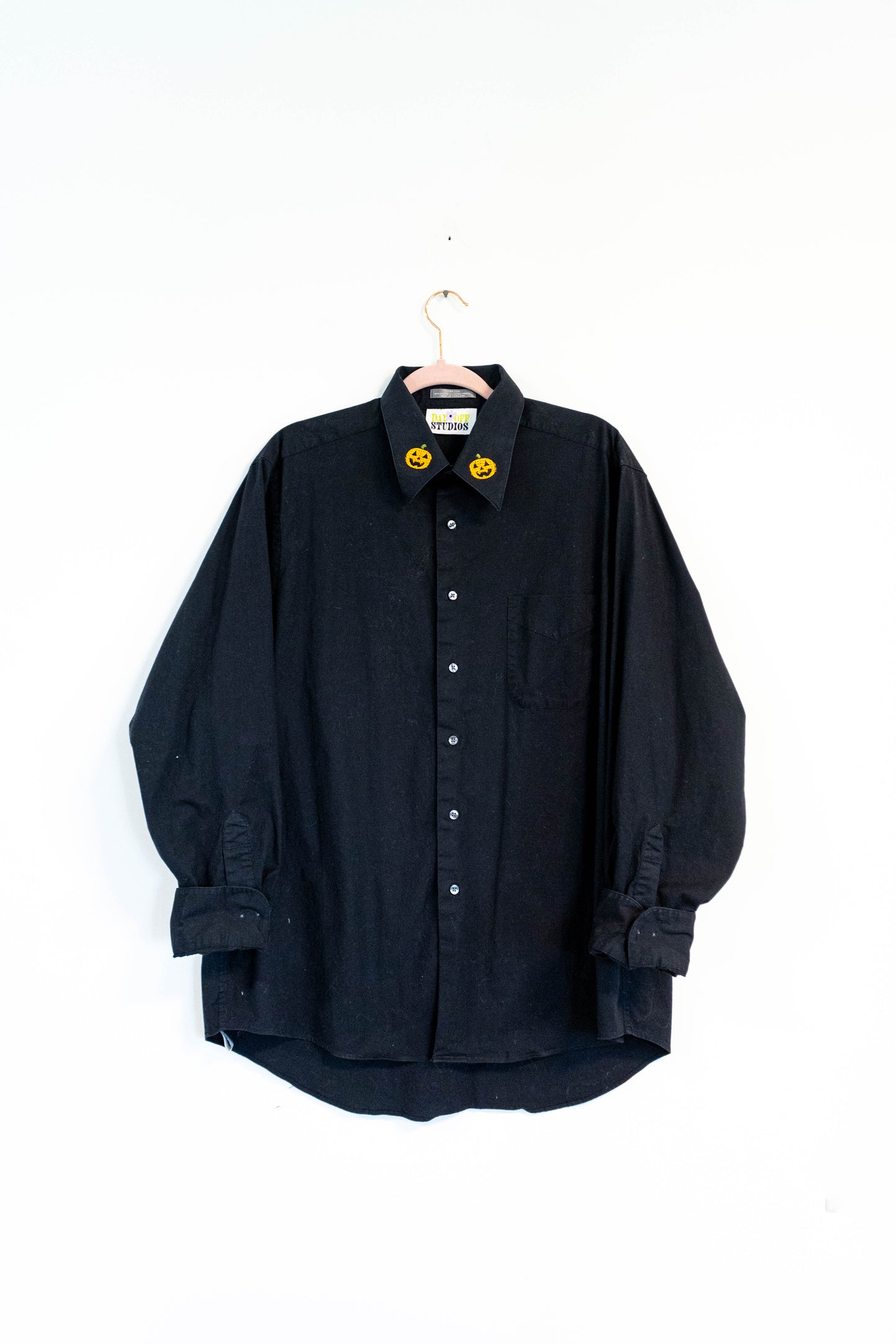 Upcycled Black Button Down with Pumpkin Collar