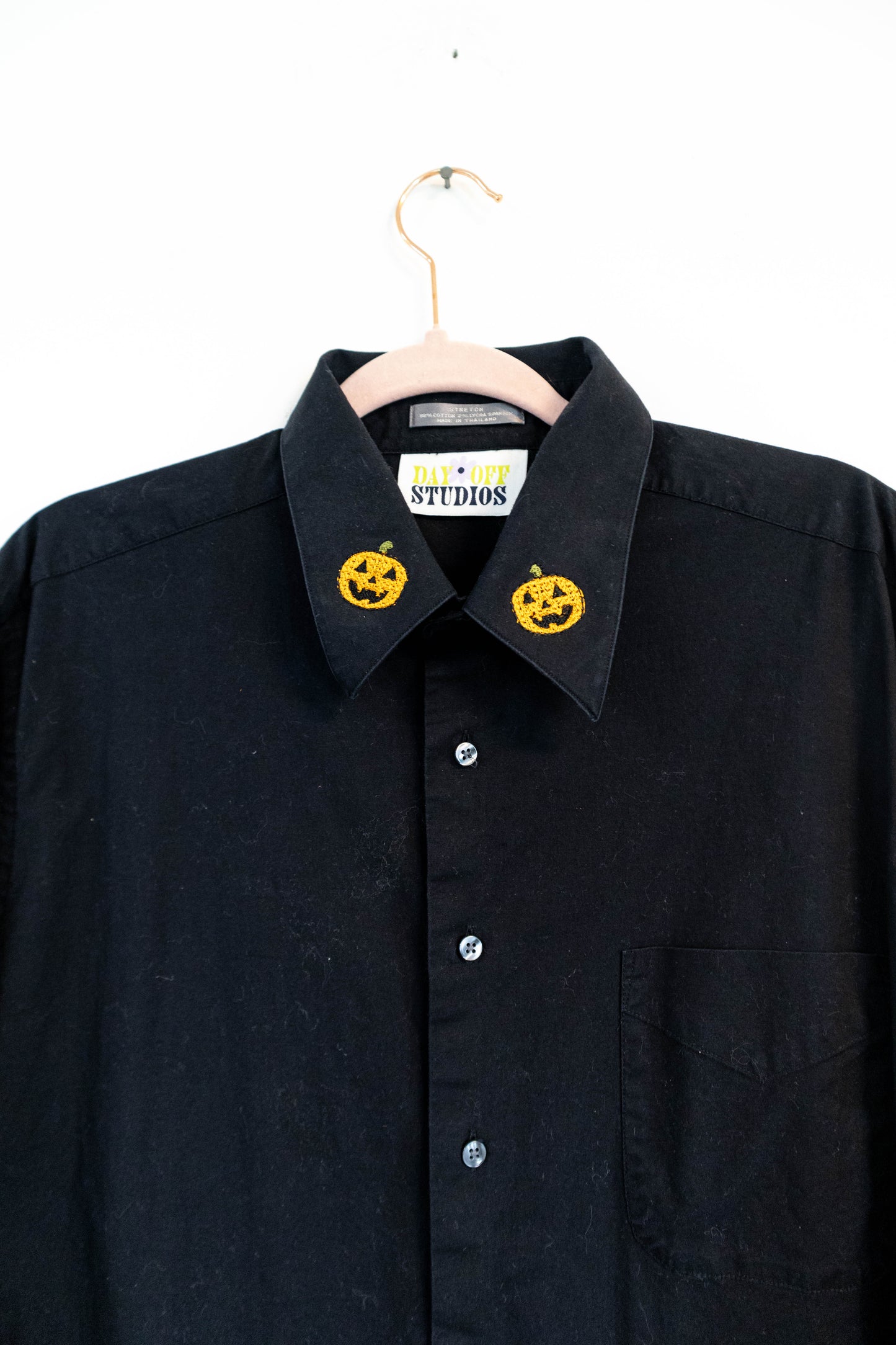 Upcycled Black Button Down with Pumpkin Collar