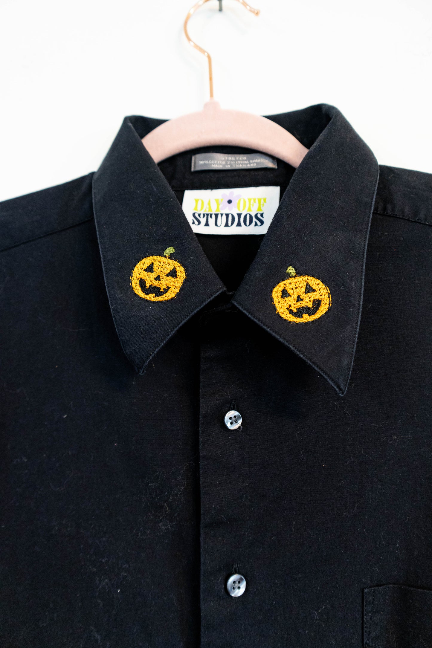Upcycled Black Button Down with Pumpkin Collar