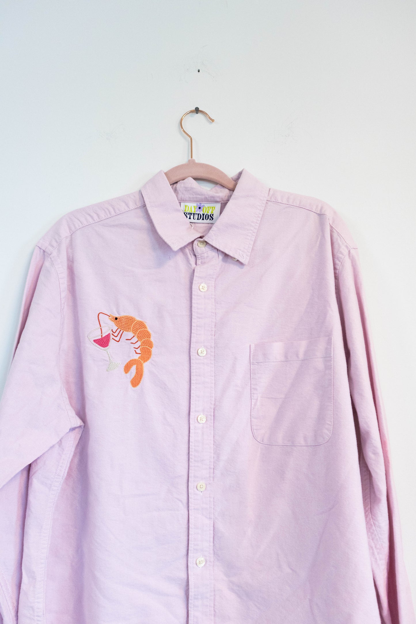 Upcycled Pink Button Down – Shrimp Cocktail Embroidery