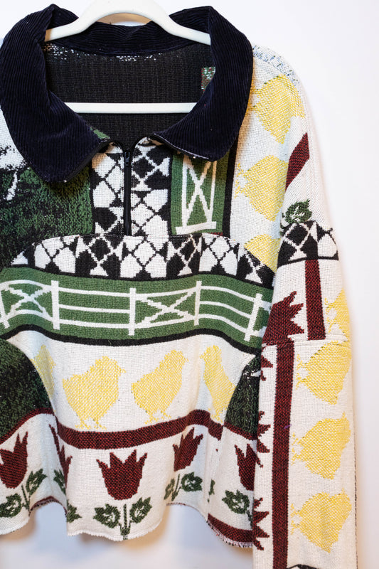 Upcycled Farm Blanket Collared Pullover