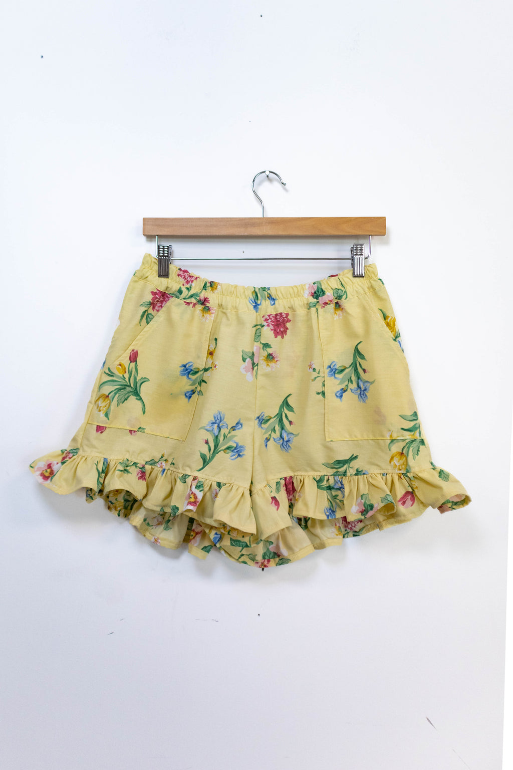 Upcycled Yellow Floral Ruffle Shorts – Handmade from Vintage Fabric – One of One