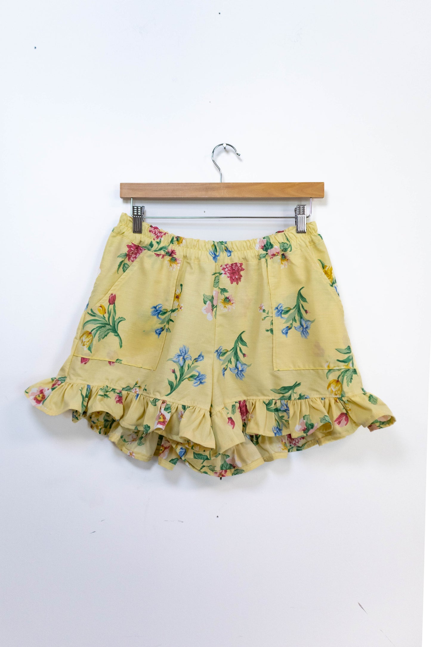 Upcycled Yellow Floral Ruffle Shorts – Handmade from Vintage Fabric – One of One