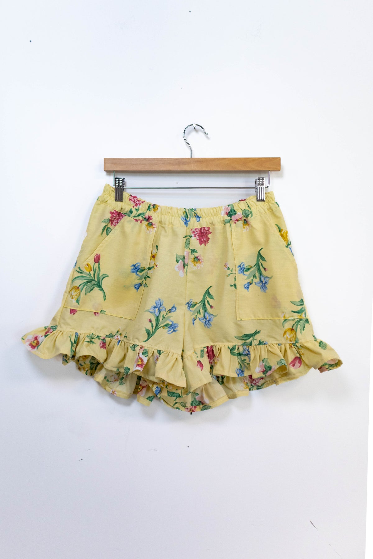 Upcycled Yellow Floral Ruffle Shorts – Handmade from Vintage Fabric – One of One