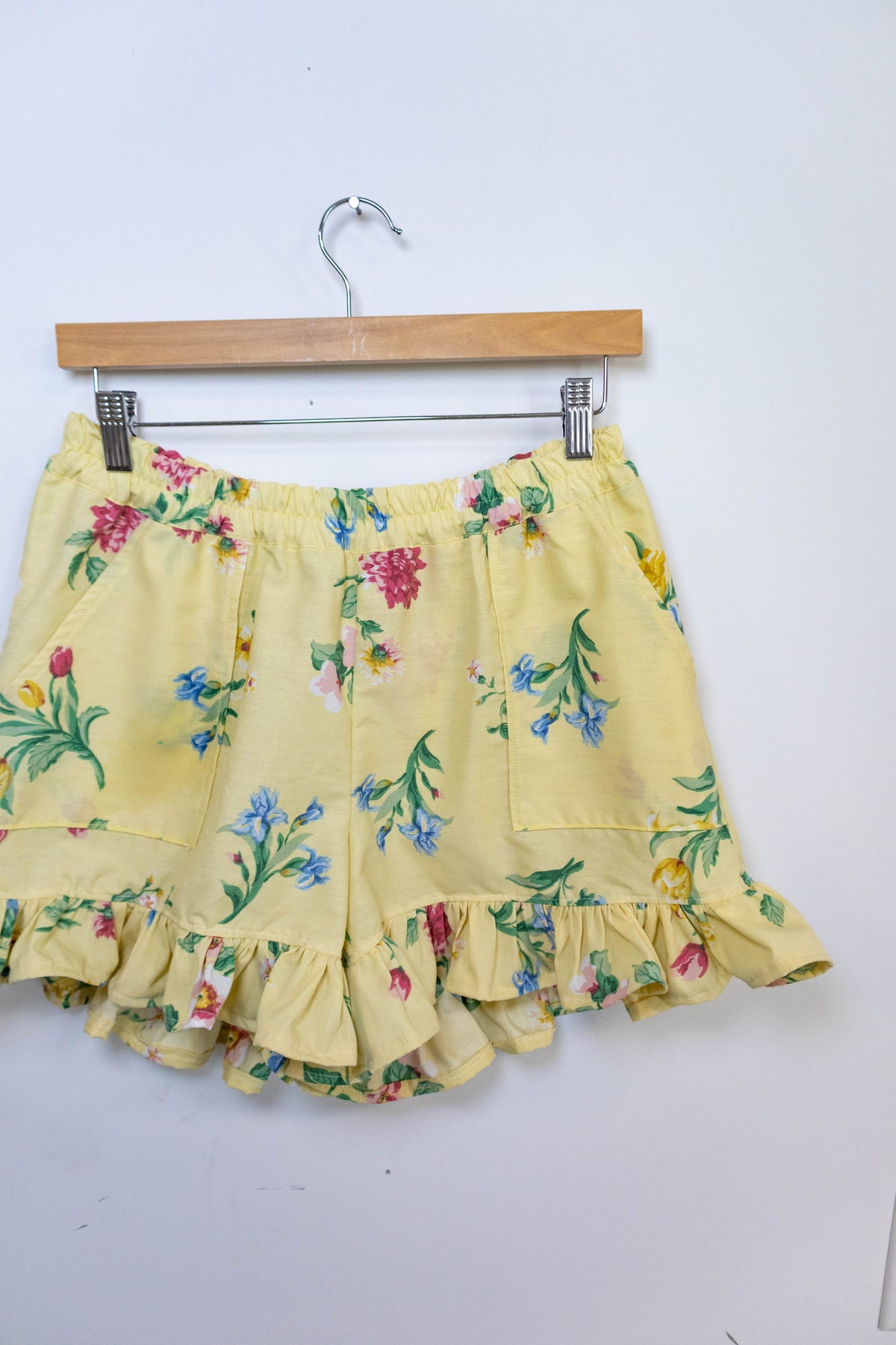 Upcycled Yellow Floral Ruffle Shorts – Handmade from Vintage Fabric – One of One