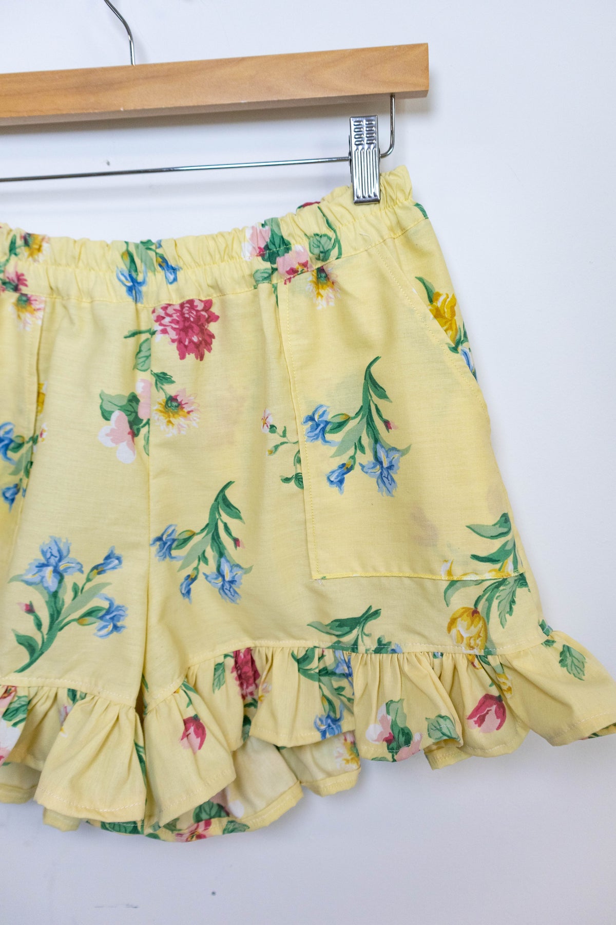 Upcycled Yellow Floral Ruffle Shorts – Handmade from Vintage Fabric – One of One