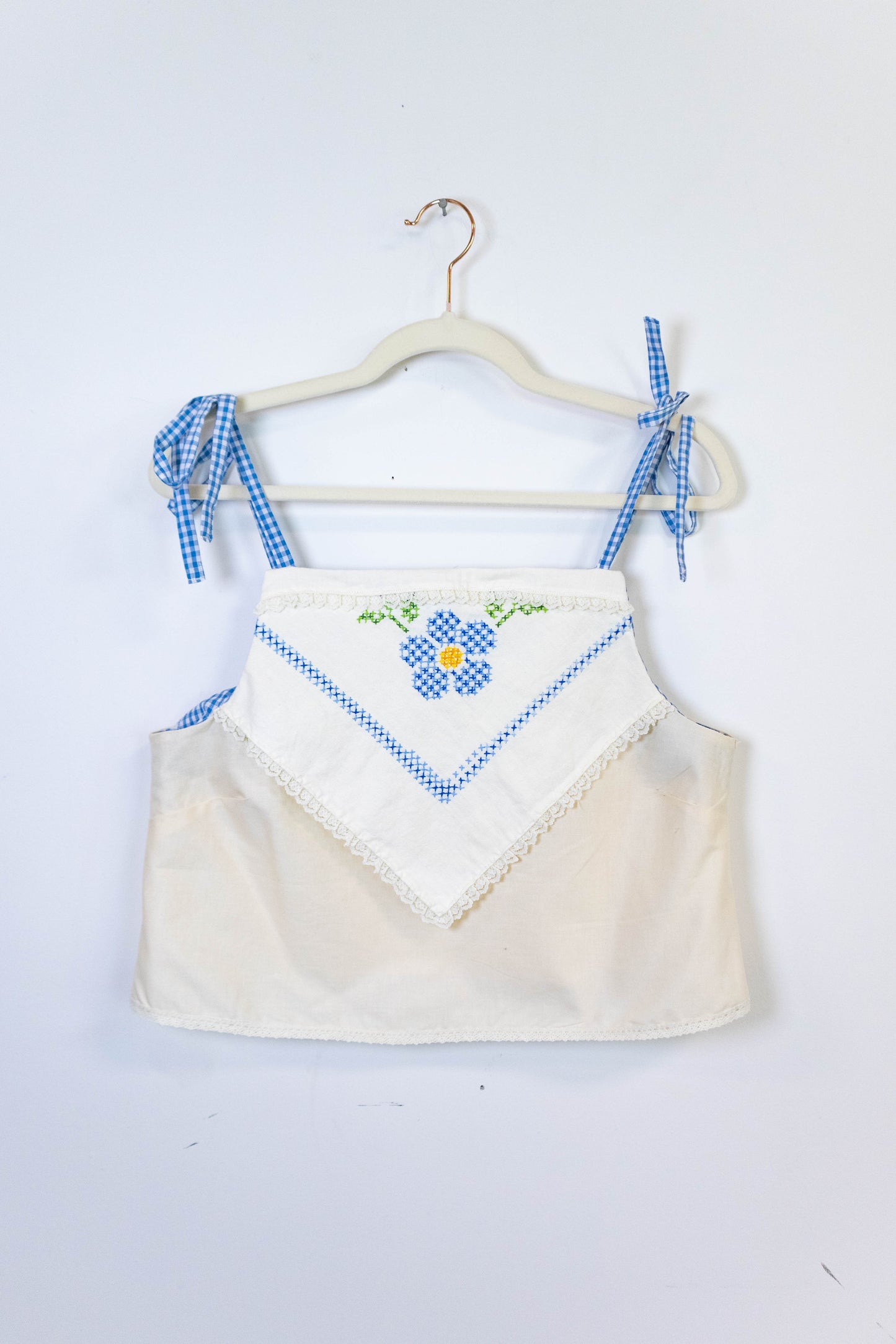 Upcycled Cross Stitch Tie Strap Tank – Handmade from Vintage Tablecloth – One of One