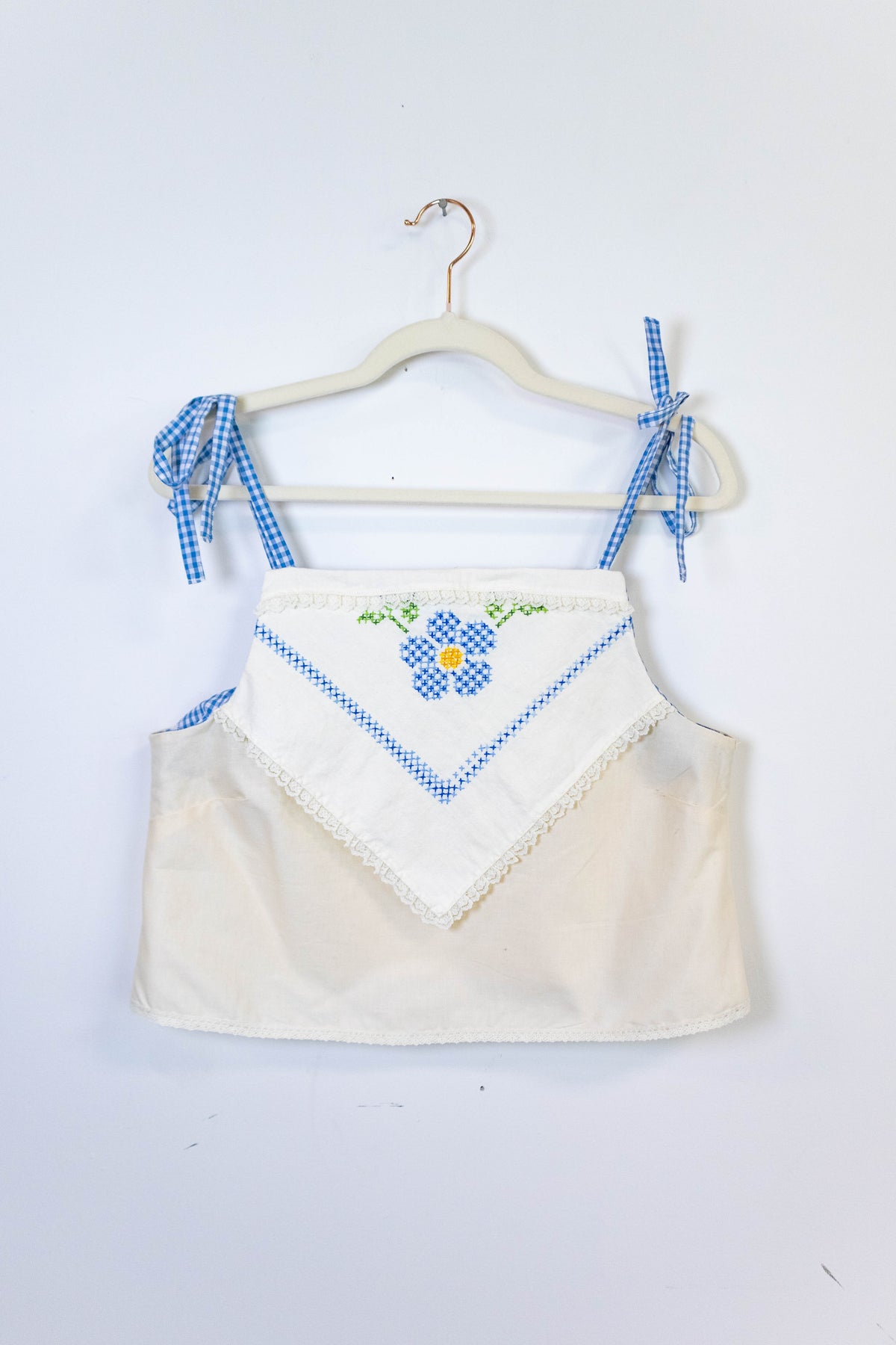 Upcycled Cross Stitch Tie Strap Tank – Handmade from Vintage Tablecloth – One of One