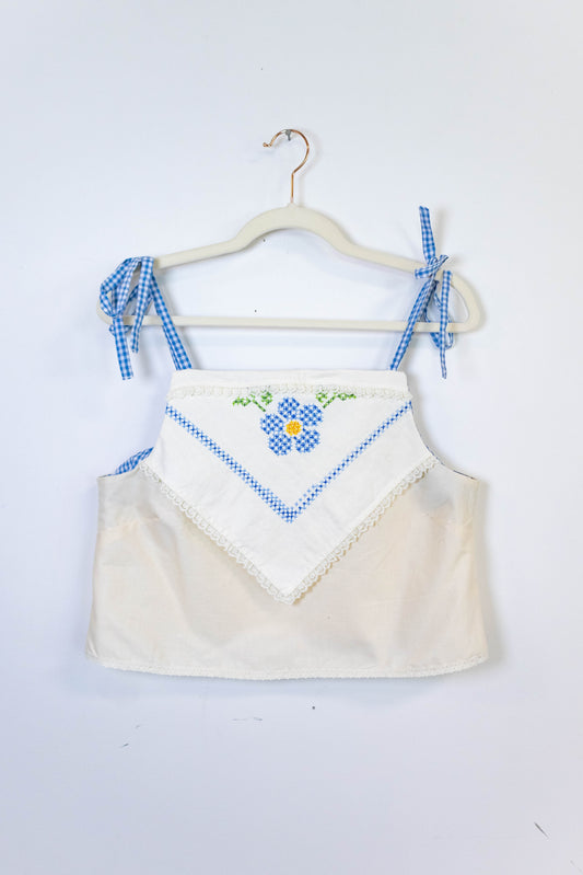 Upcycled Cross Stitch Tie Strap Tank – Handmade from Vintage Tablecloth – One of One