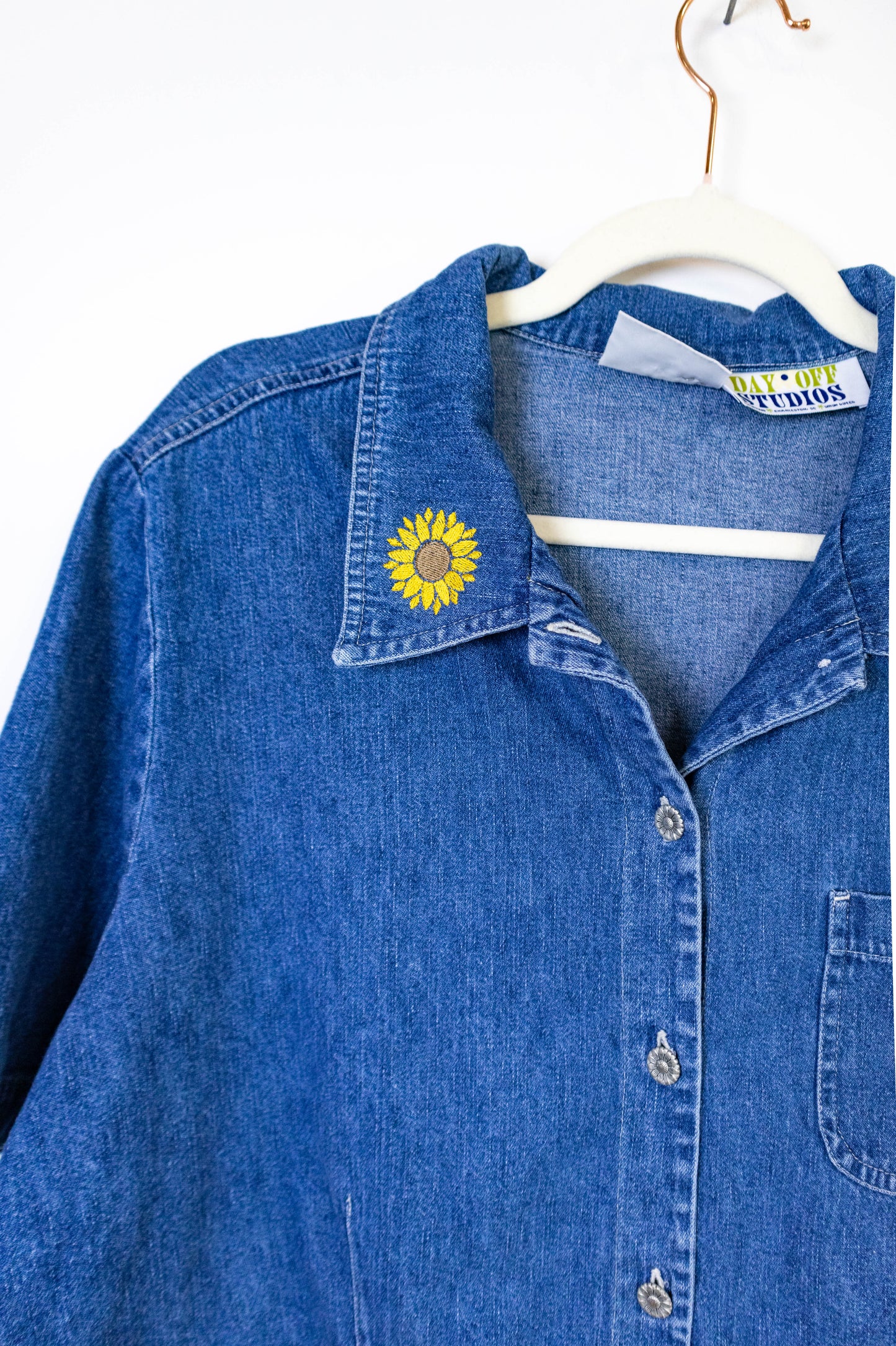 Upcycled Denim Button Down with Sunflower Embroidery
