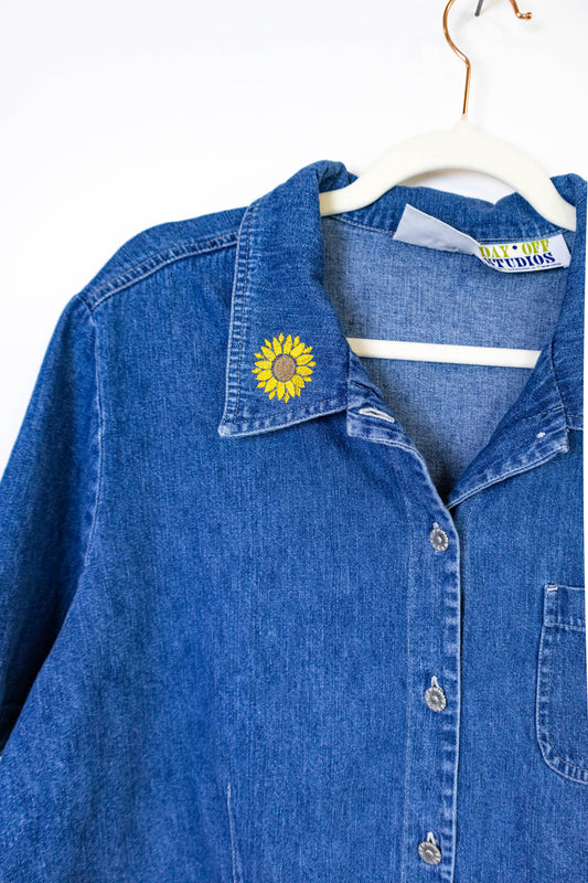 Upcycled Denim Button Down with Sunflower Embroidery