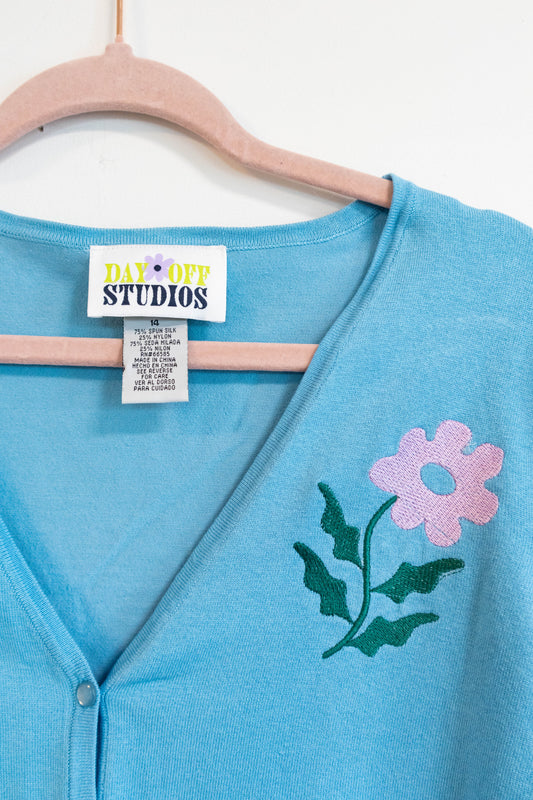 Embroidered Sky Blue Button-Up Cardigan