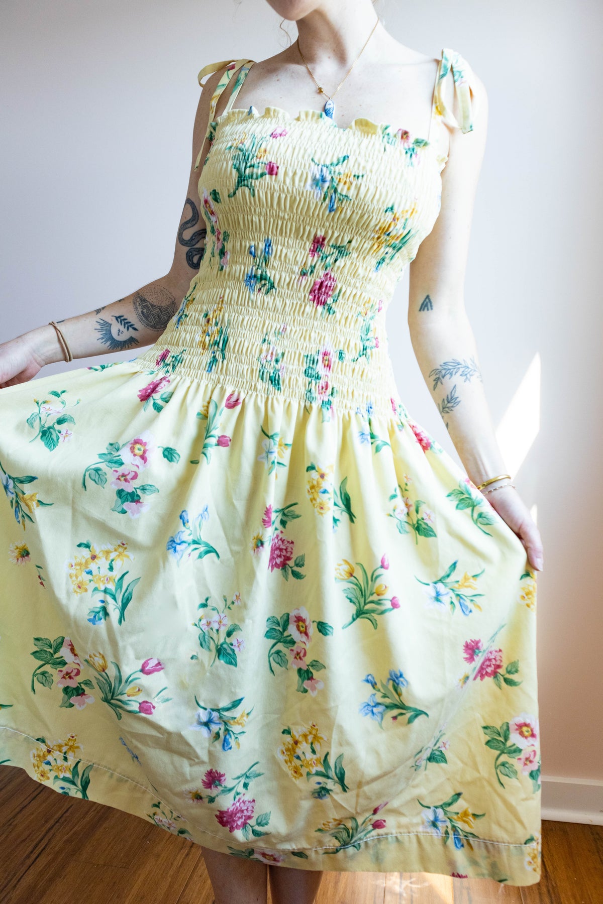 Vintage Floral Shirred Drop Waist Dress