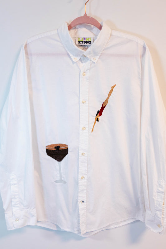Upcycled Button-Down Shirt – Espresso Martini Diver Embroidery