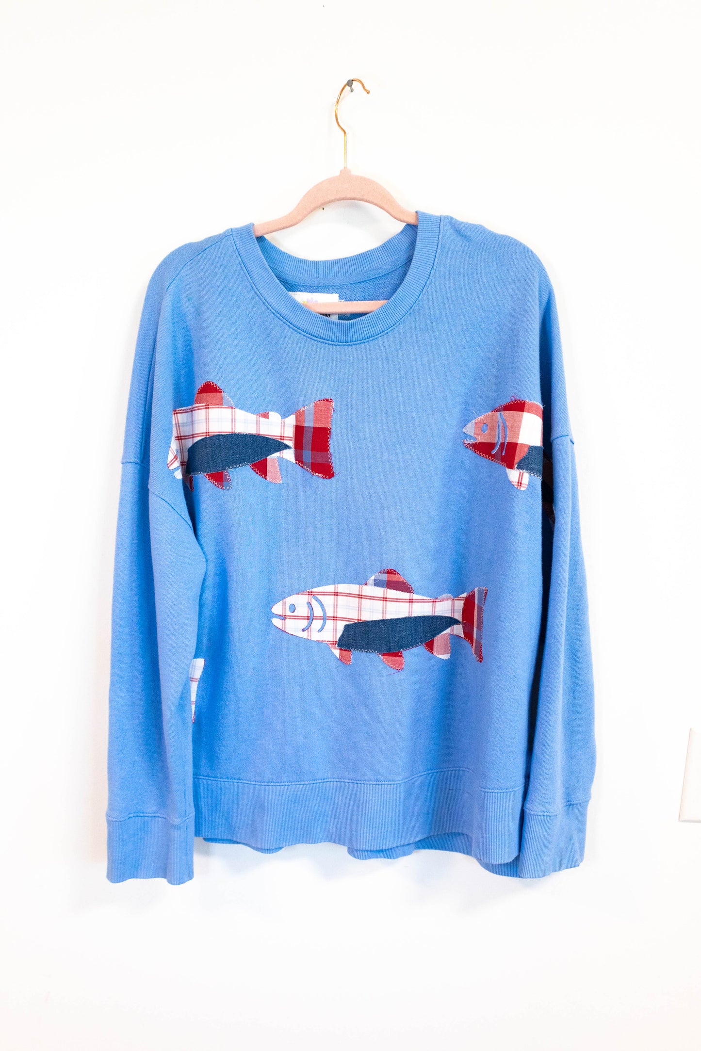 Patchwork Fish Crewneck – Carolina Blue - Womens XL