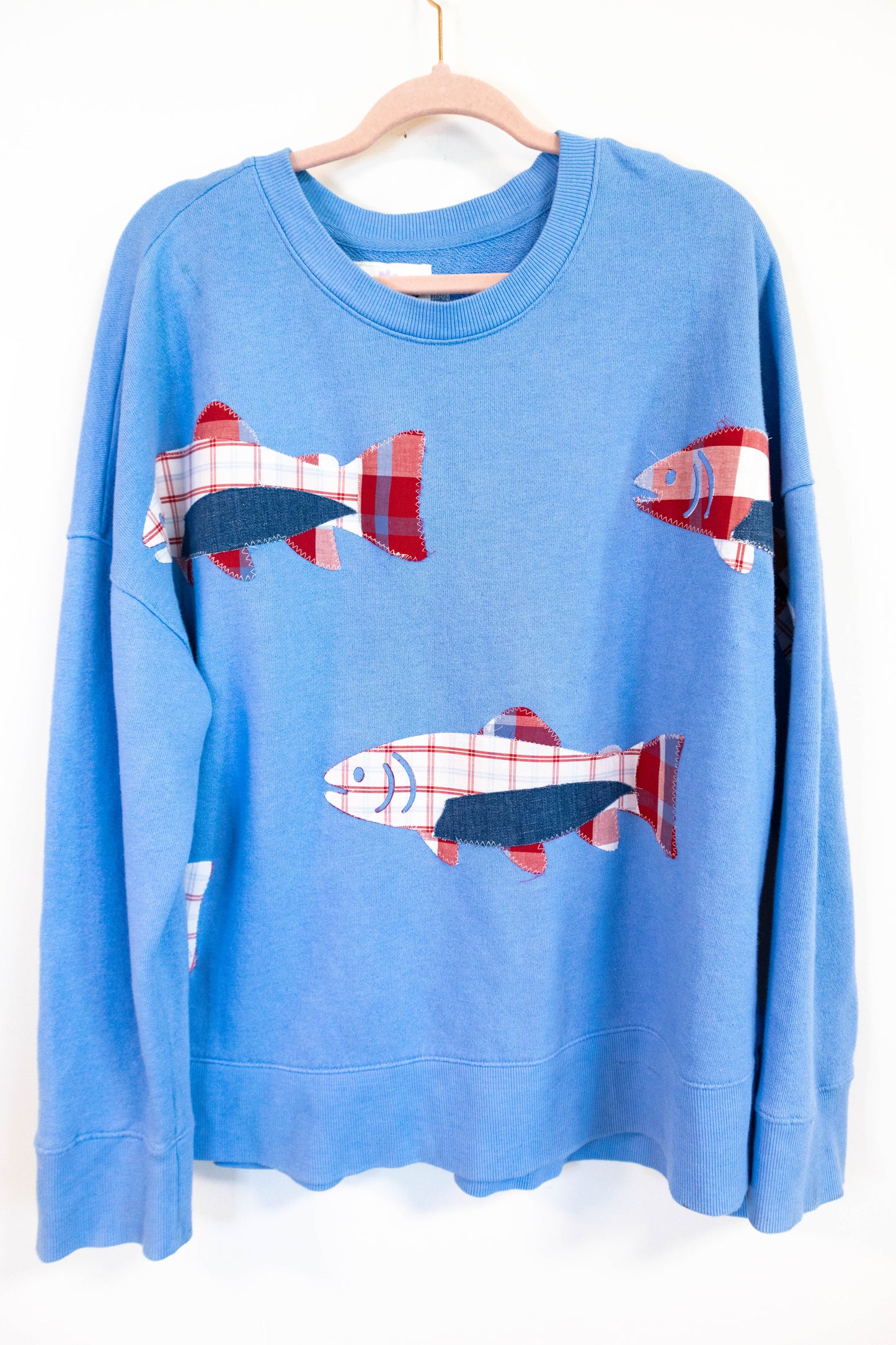 Patchwork Fish Crewneck – Carolina Blue - Womens XL