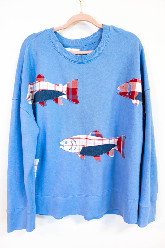 Patchwork Fish Crewneck – Carolina Blue - Womens XL
