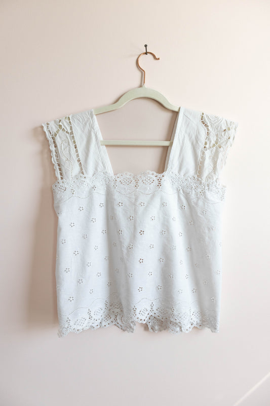 Upcycled White Eyelet Tie-Back Top