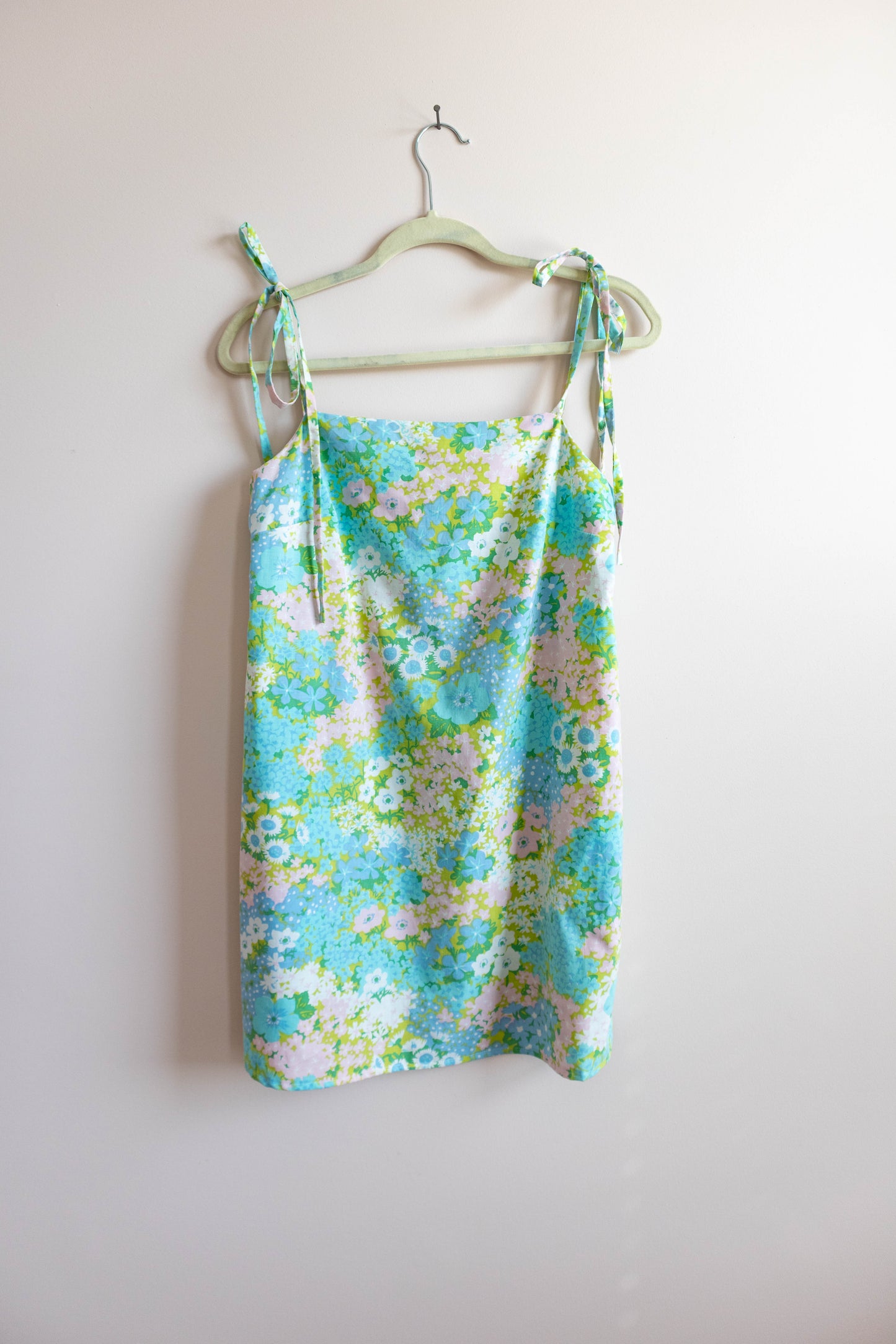Upcycled Vintage Bedsheet Floral Tie-Shoulder Mini Dress
