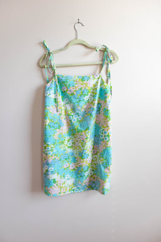 Upcycled Vintage Bedsheet Floral Tie-Shoulder Mini Dress