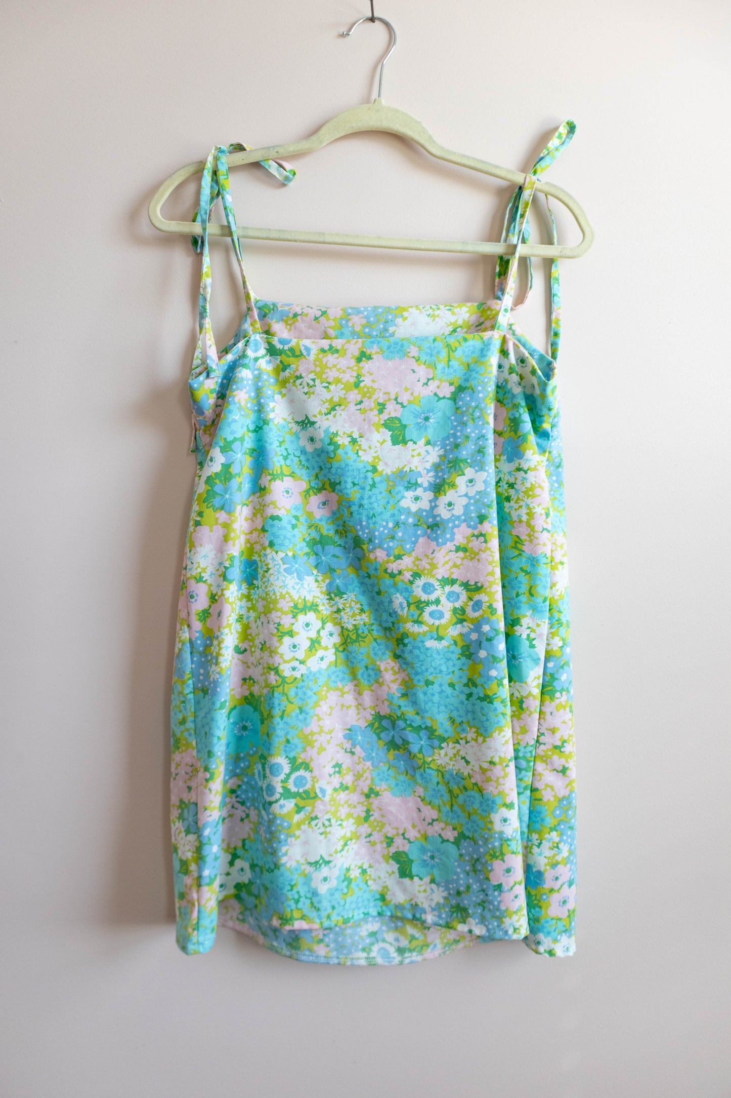 Upcycled Vintage Bedsheet Floral Tie-Shoulder Mini Dress