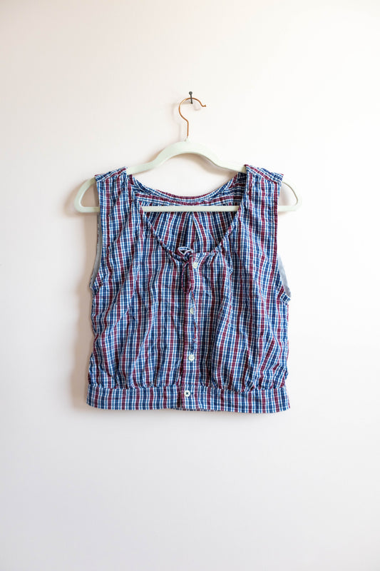 Upcycled Men’s Plaid Button-Down Cropped Tank