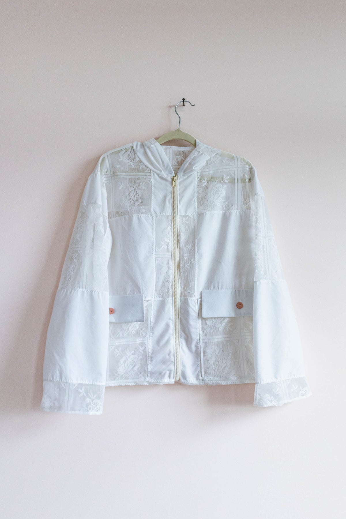 White Vintage Lace Hooded Track Jacket