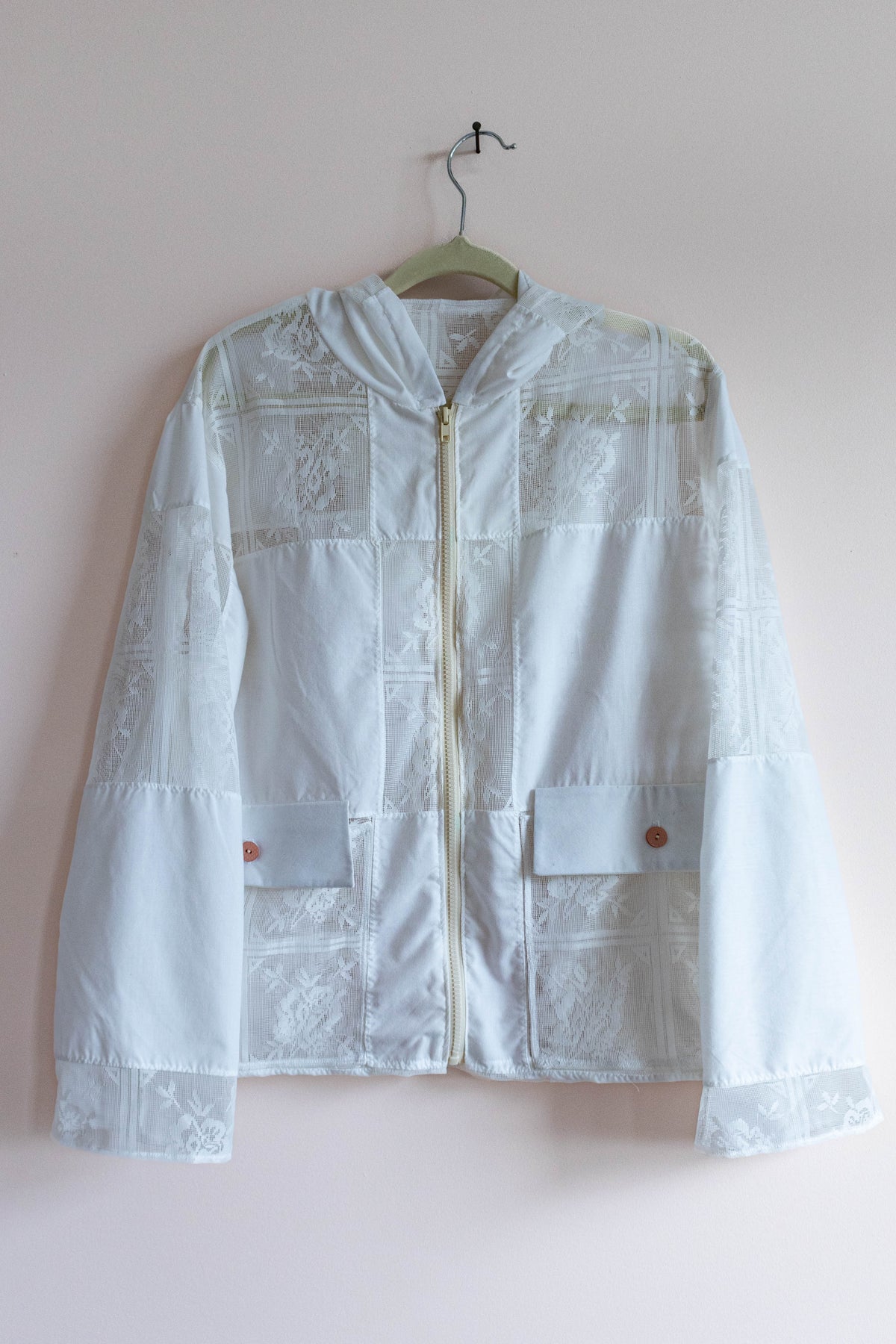 White Vintage Lace Hooded Track Jacket