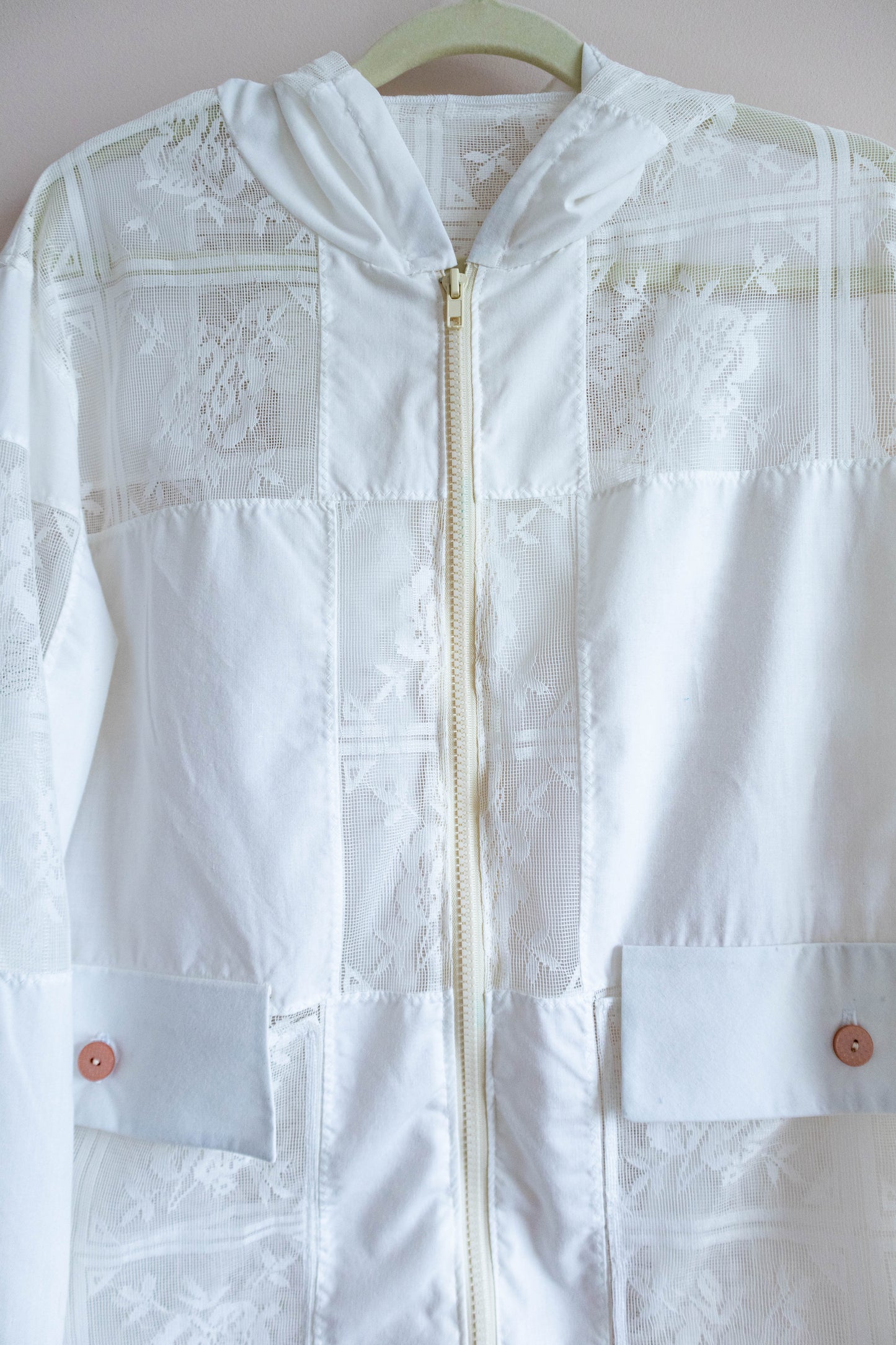 White Vintage Lace Hooded Track Jacket