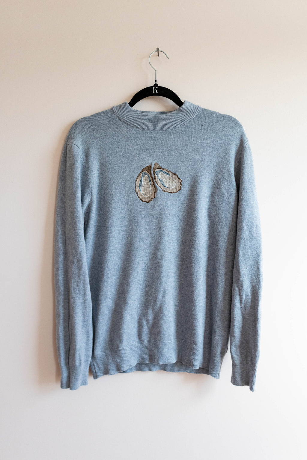 Upcycled Oyster Embroidered Mock Neck Sweater – Size Large