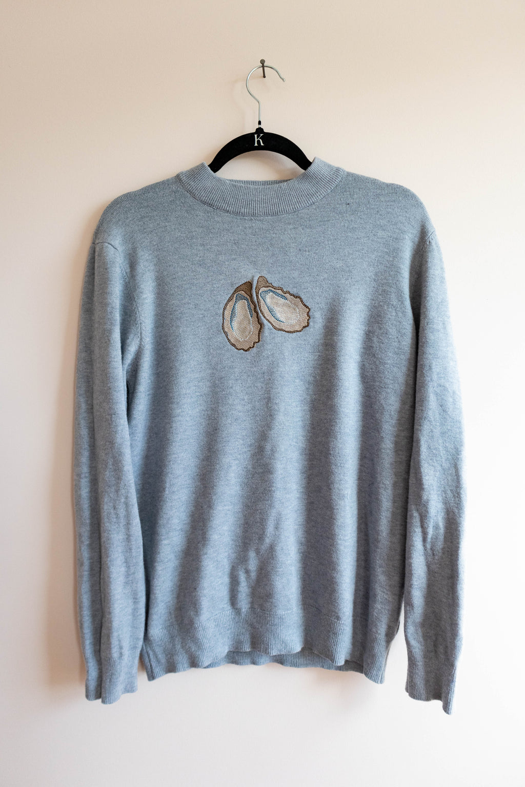 Upcycled Oyster Embroidered Mock Neck Sweater – Size Large